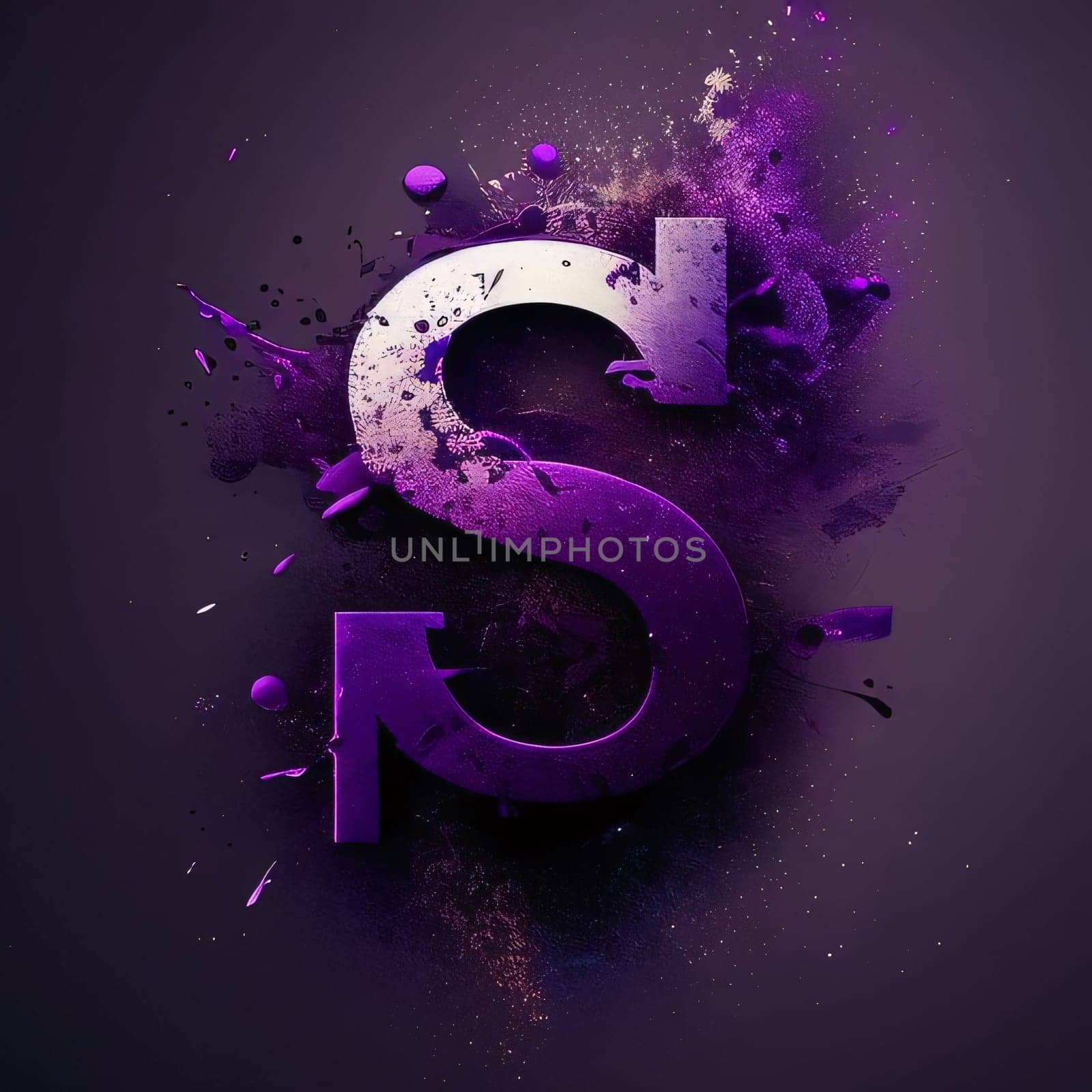 Letter S filled with purple paint splashes and blots. 3D Render by ThemesS