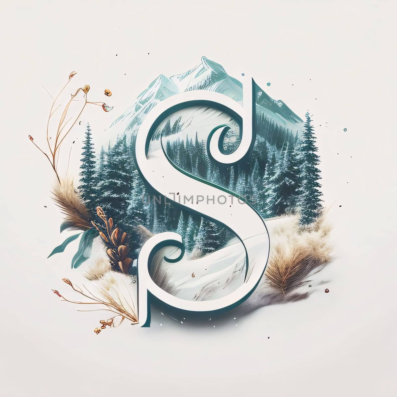 Graphic alphabet letters: Alphabet letter S with forest and mountains on white background, lettering