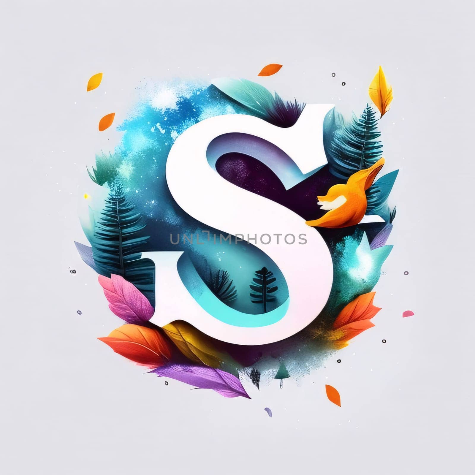 Graphic alphabet letters: S letter with leafs and birds on abstract background. Vector illustration.