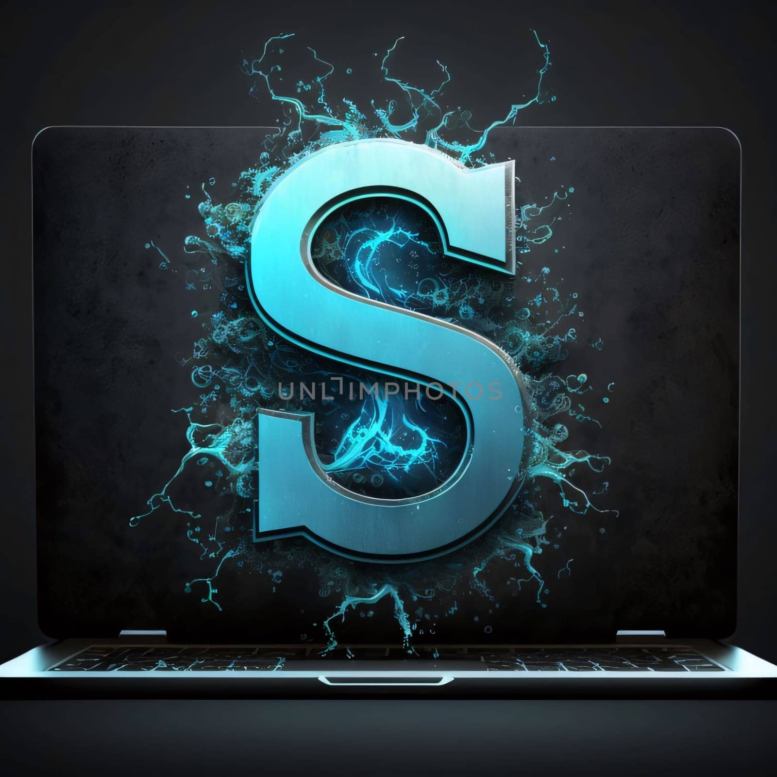 Laptop with a blue letter S on the screen. 3D rendering. by ThemesS