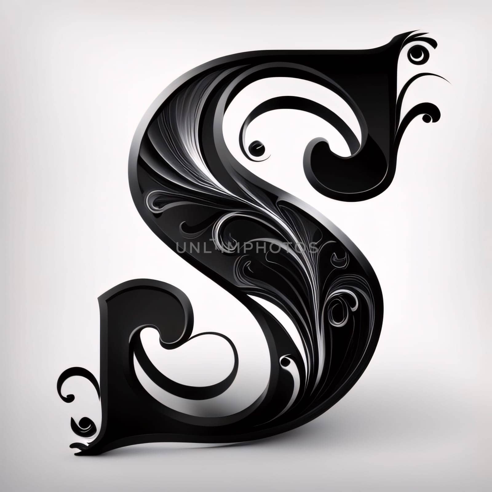 Graphic alphabet letters: decorative letter S with swirls in black and white, vector illustration