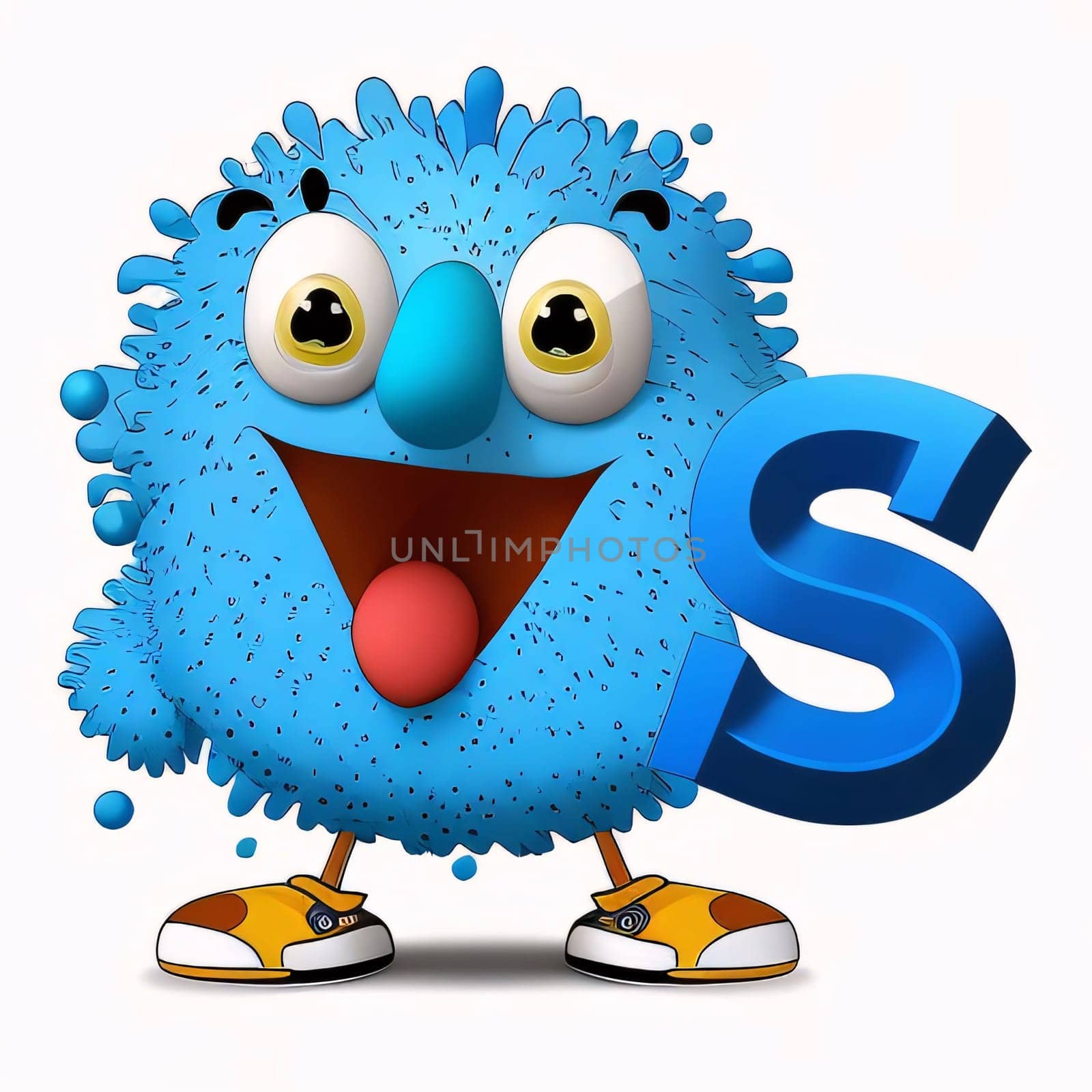 Graphic alphabet letters: Cute blue cartoon monster with letter S isolated on white background.