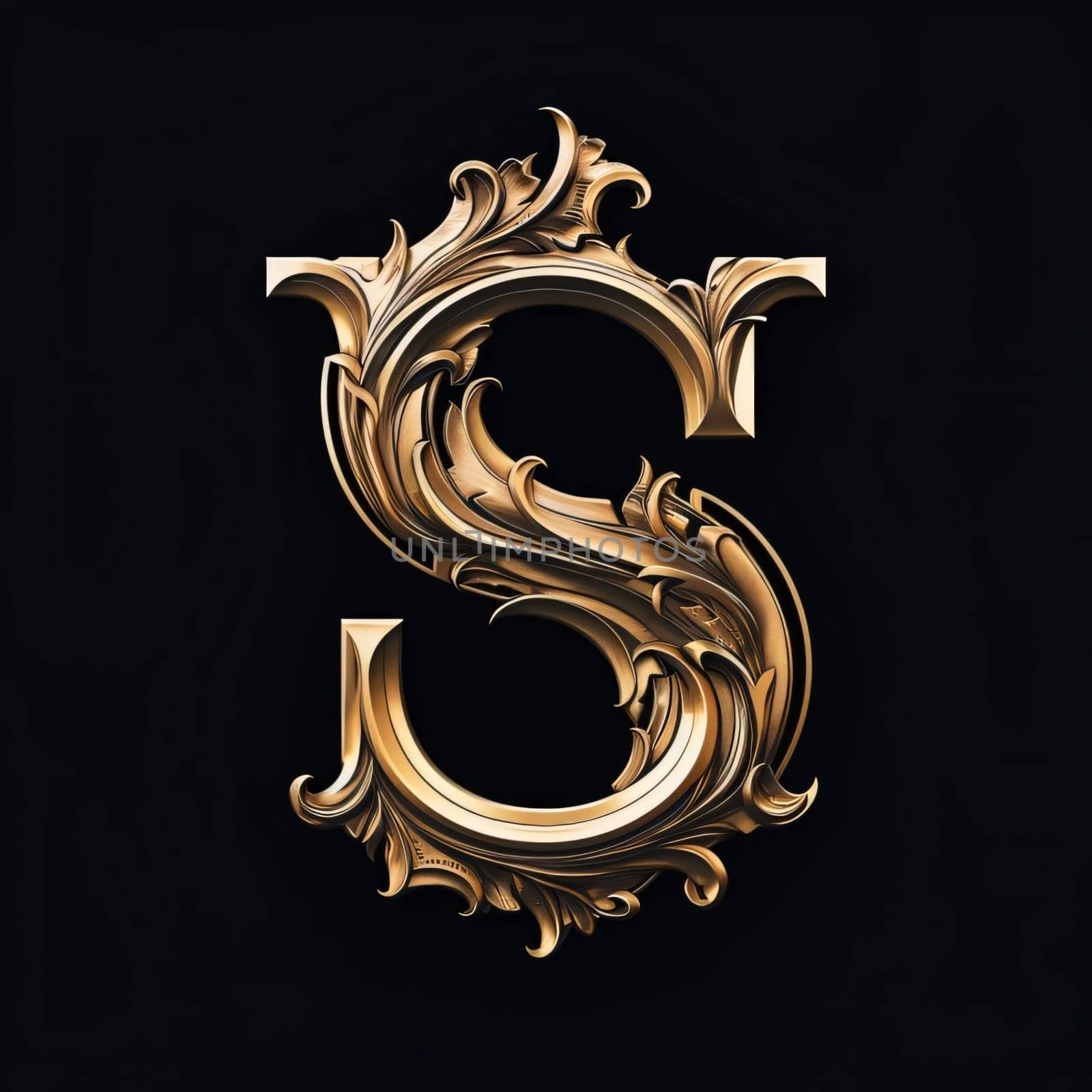 Graphic alphabet letters: Gold ornamented letter S. 3d render on black background.