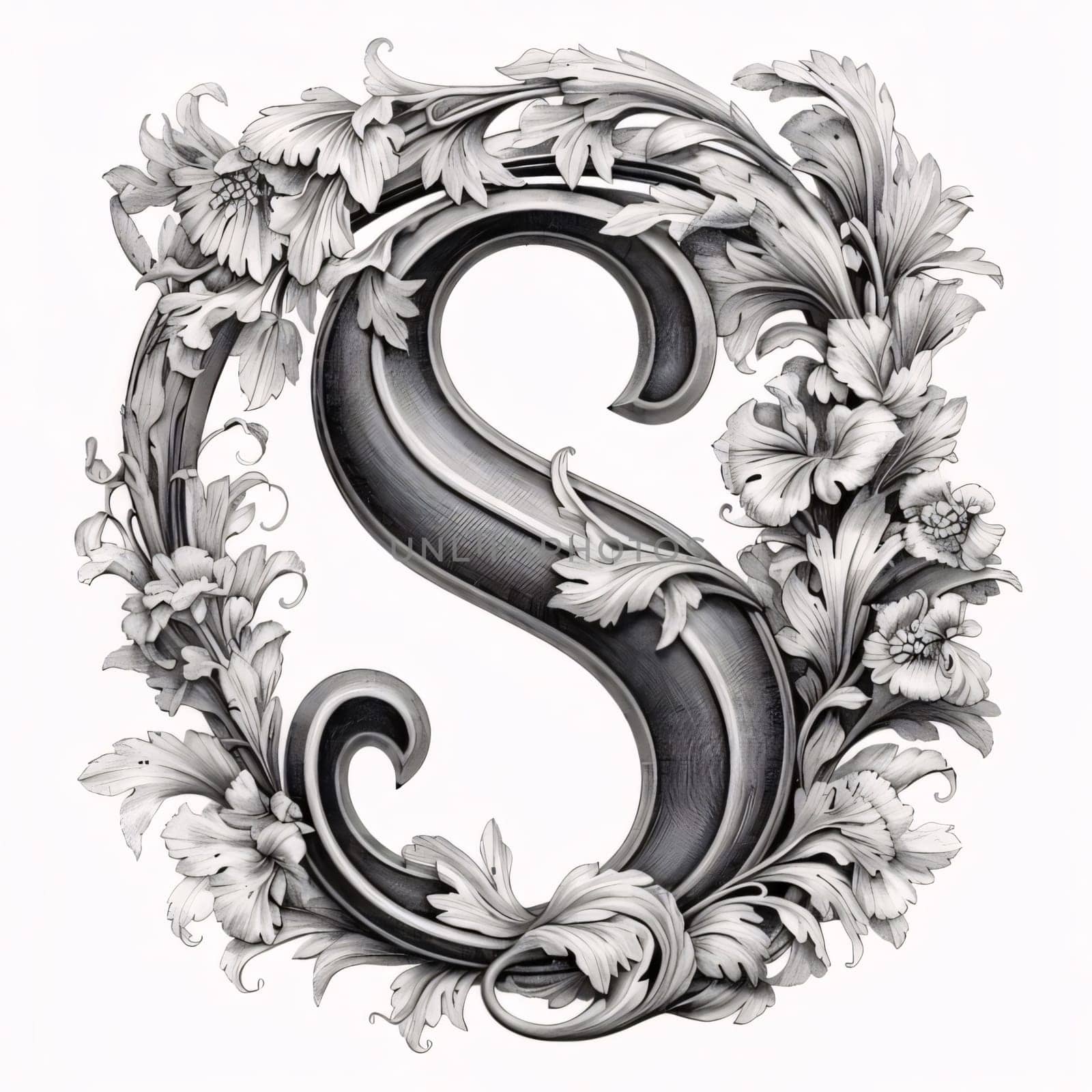 Graphic alphabet letters: Elegant capital letter S with floral ornament. Hand-drawn illustration.