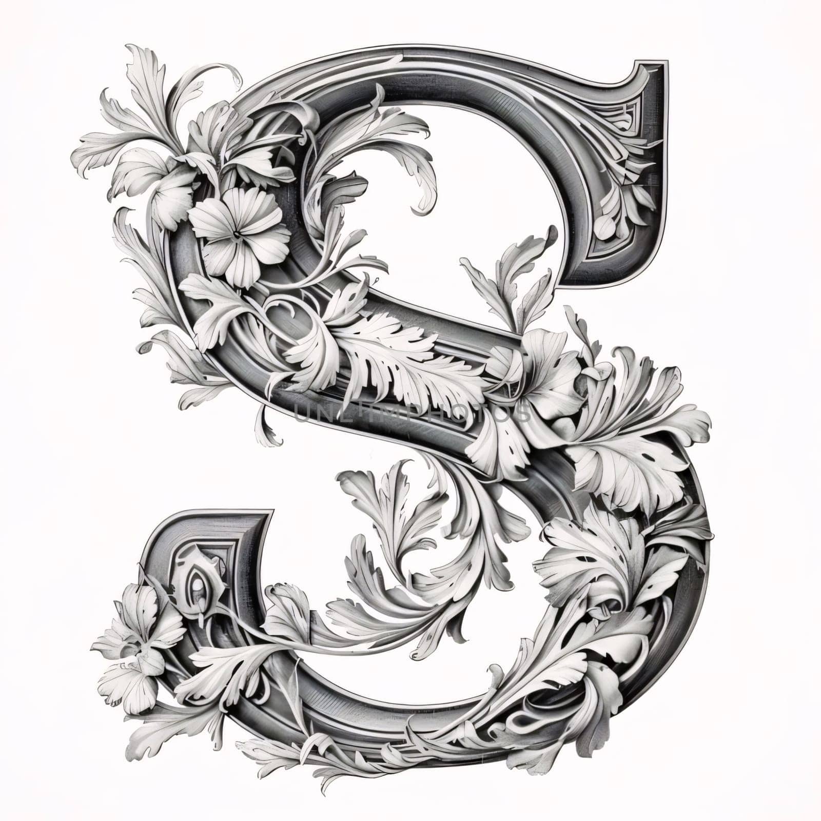 3D render of capital letter S in Victorian style decorated with floral elements. by ThemesS