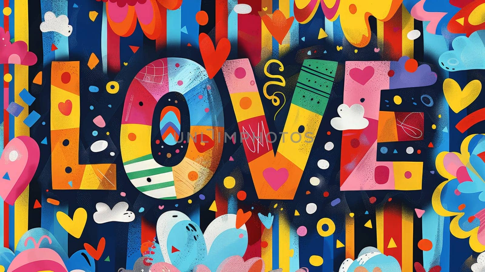 A bright and celebratory poster with bold rainbow stripes and the word love in large, colorful letters, surrounded by abstract, festive shapes and pattern.