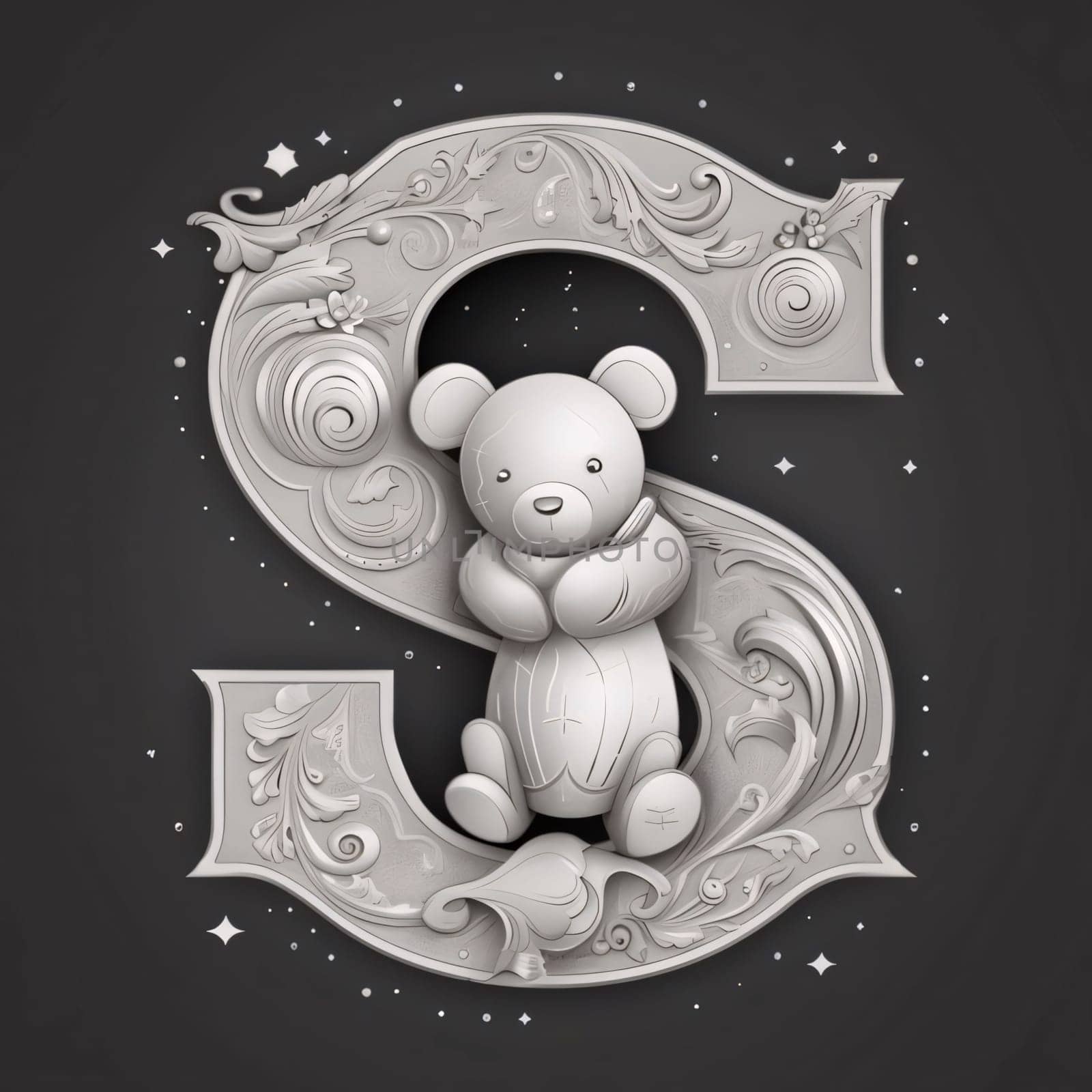 Graphic alphabet letters: Teddy bear in the form of a monogram on a dark background