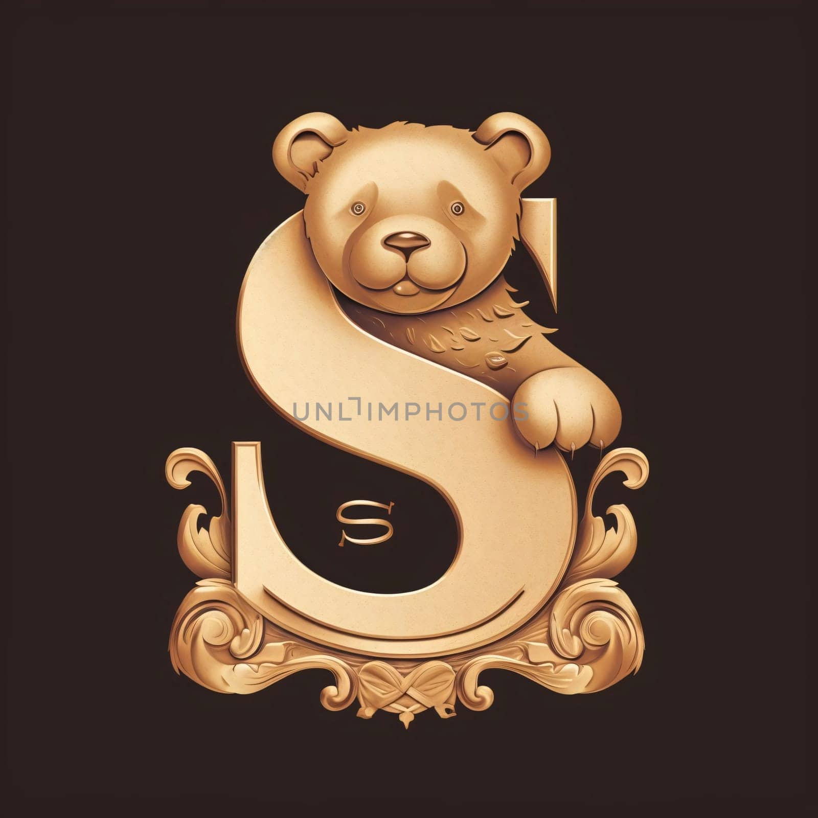Graphic alphabet letters: Letter S with teddy bear. 3D illustration. Vintage style.