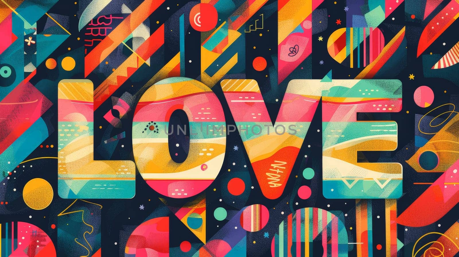 A bright and celebratory poster with bold rainbow stripes and the word love in large, colorful letters, surrounded by abstract, festive shapes and pattern.