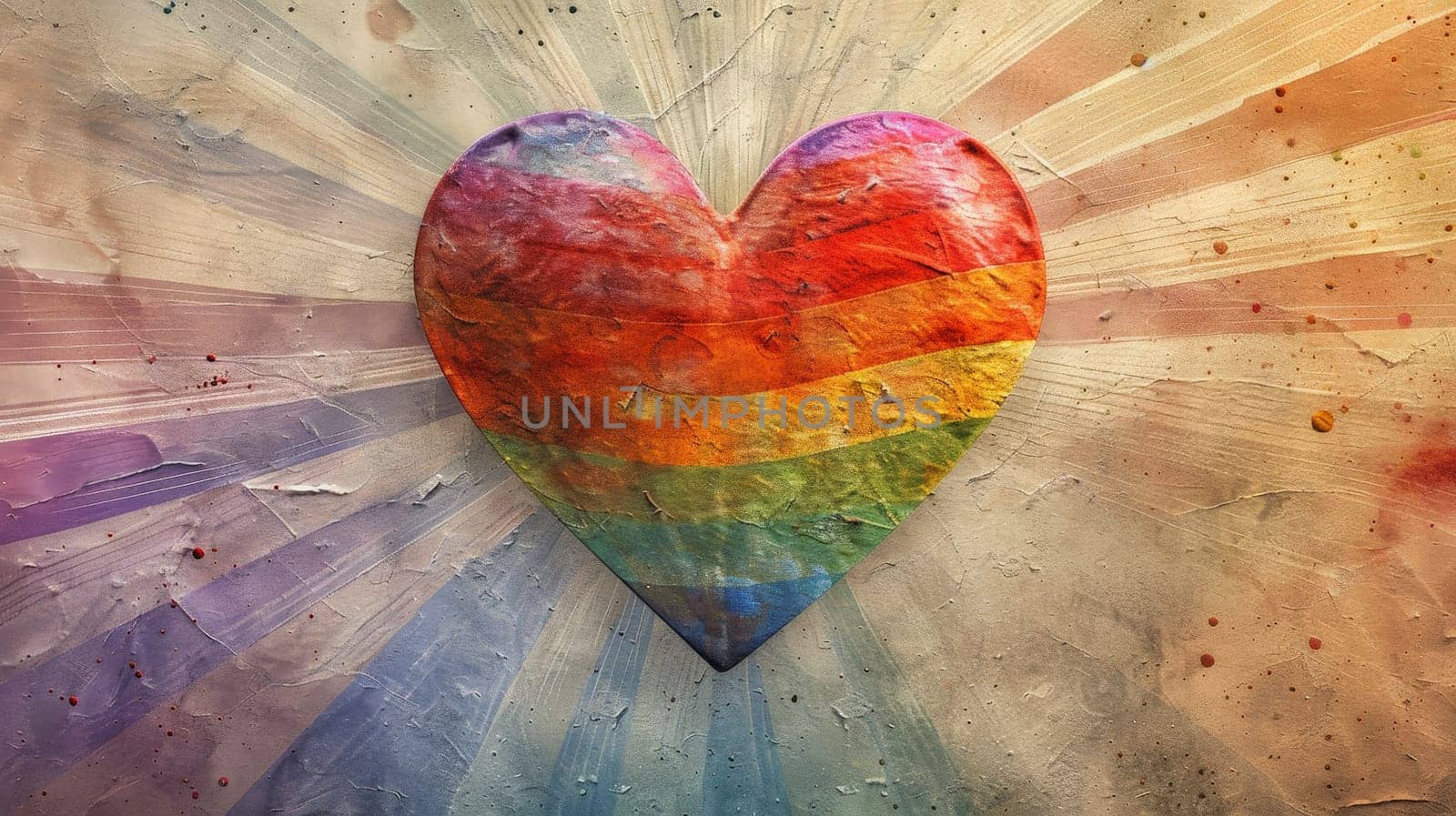 An artistic wallpaper showcasing a rainbow-colored heart with rays of light radiating outward, set against a soft, pastel background, representing love and pride.