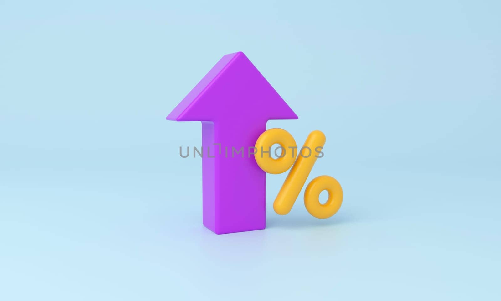 3D illustration showing a bright purple upward arrow and a yellow percent sign, symbolizing a rise in interest rates, on a light blue background.