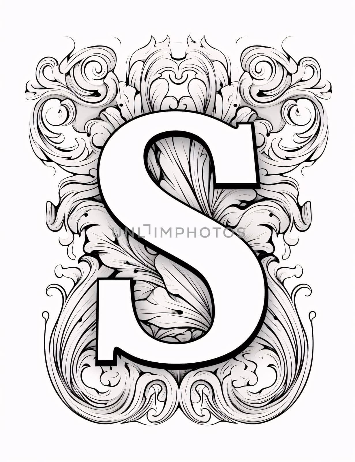 Graphic alphabet letters: Vintage letter S in Victorian style. Hand drawn design elements.