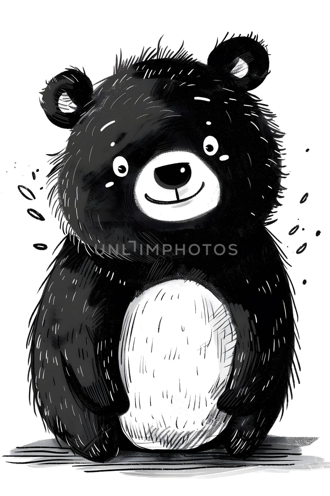 Monochrome drawing of a sitting teddy bear, with fur and snout details by Nadtochiy