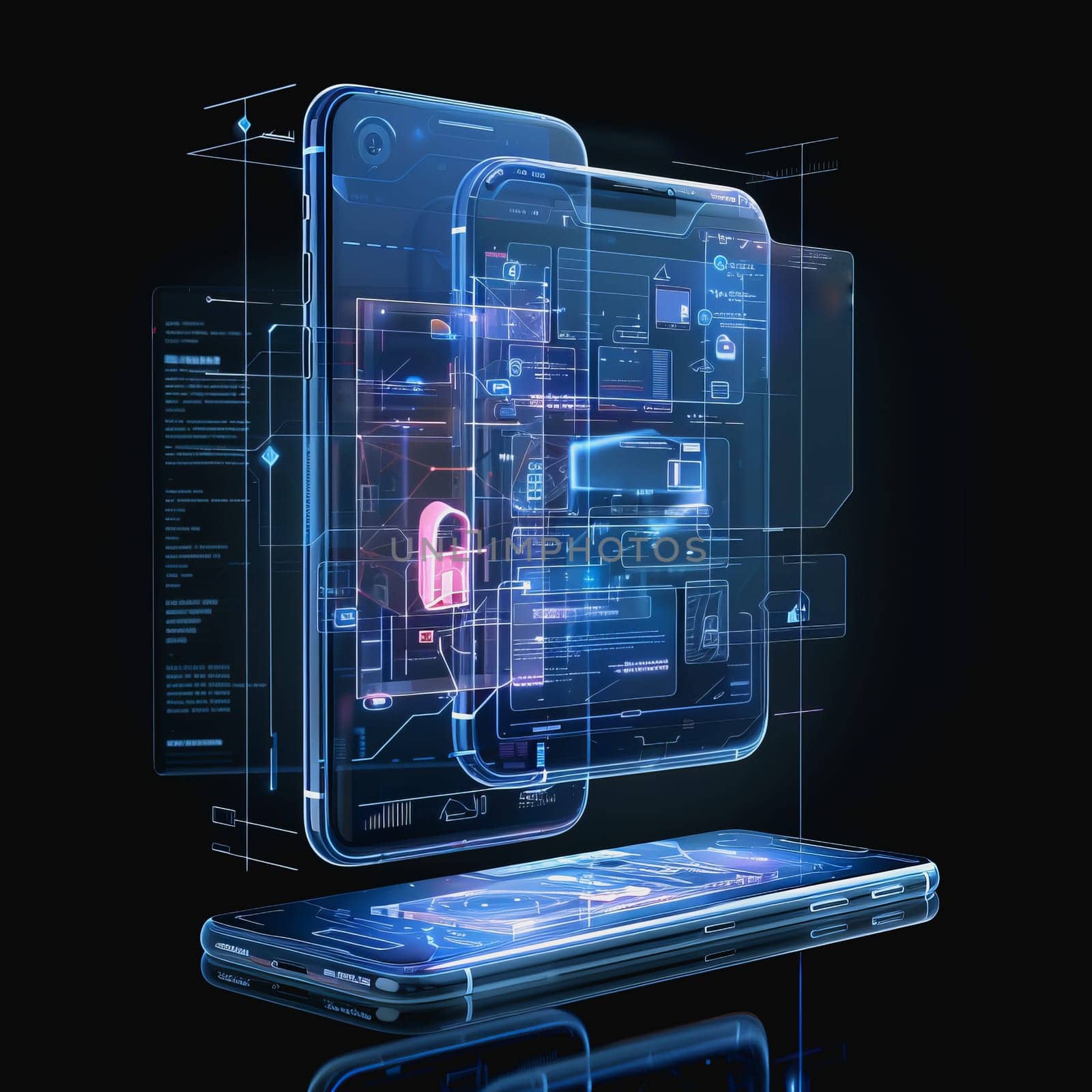 smartphone translucent screen displaying interface Artificial Intelligence abstract, futuristic