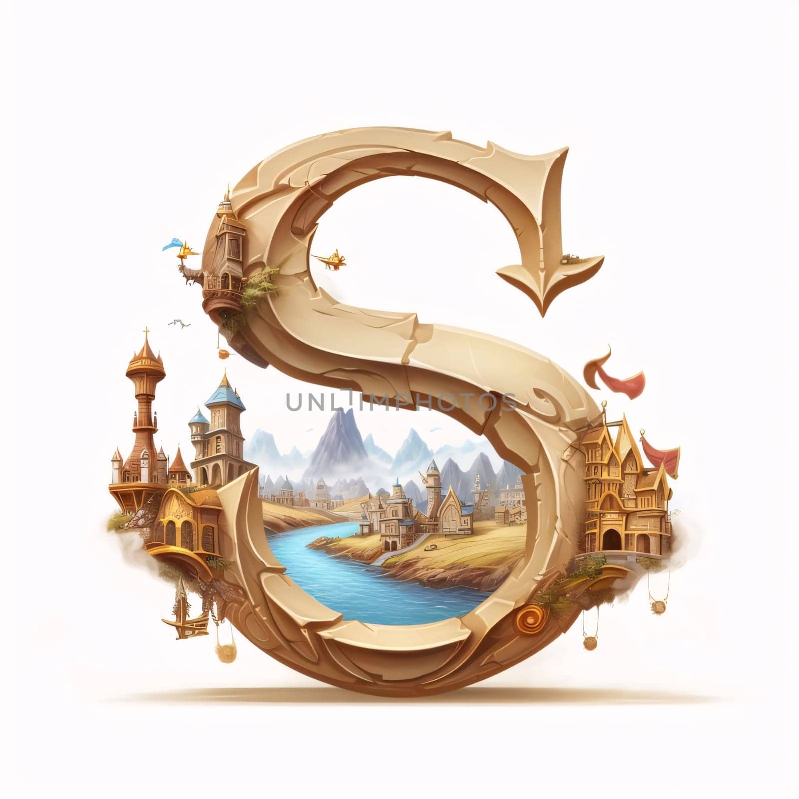 Alphabet S with fantasy castles and river on white background - illustration by ThemesS