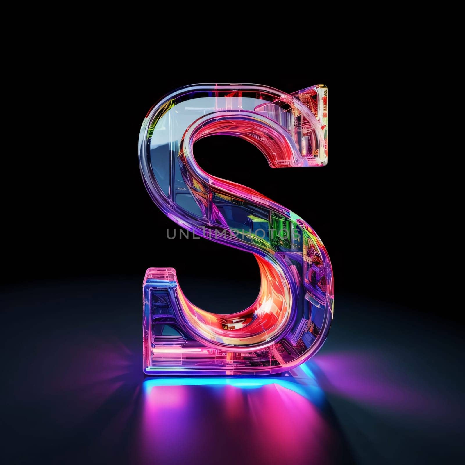 Graphic alphabet letters: Neon letter S, 3D render of neon font with light reflections