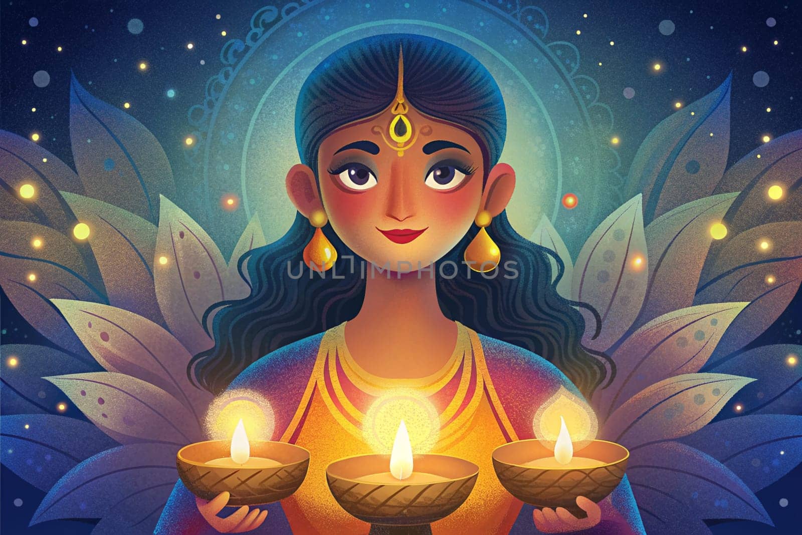 Happy Diwali design with a young and beautiful Indian woman holding an oil lamp diya. Ai generated illustration