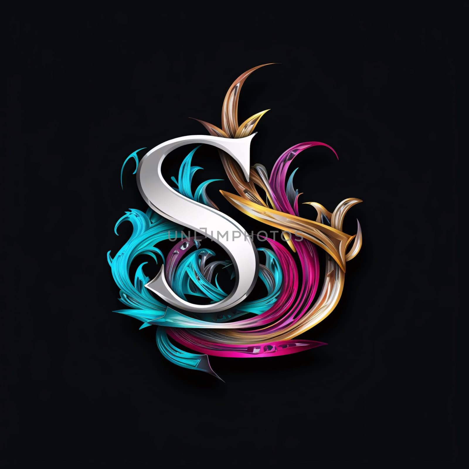 Letter S with colorful floral design elements on black background. Vector illustration. by ThemesS