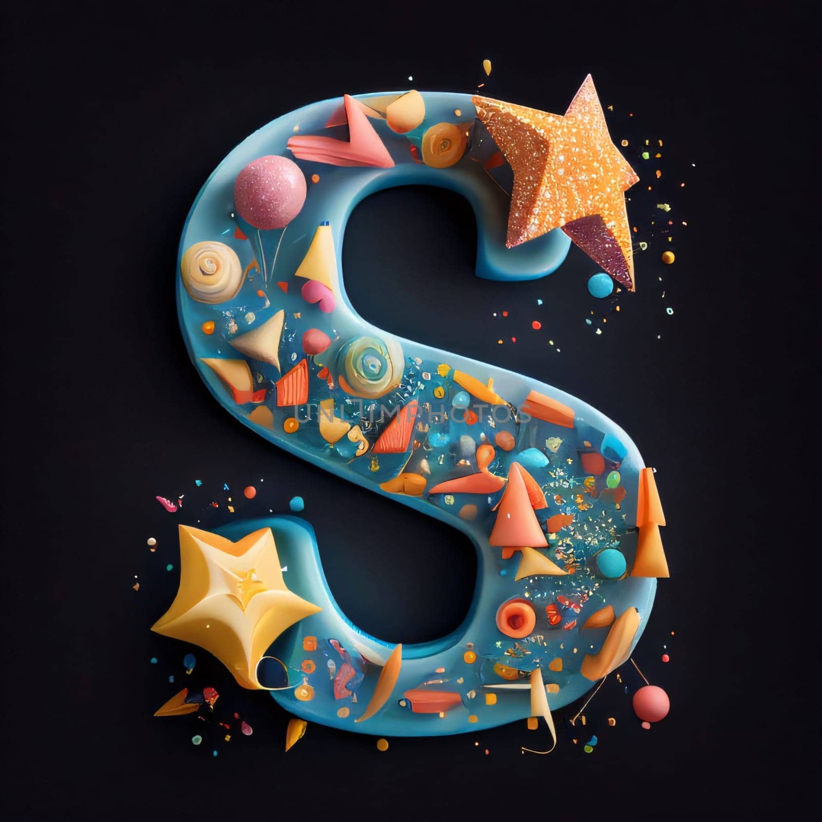 Graphic alphabet letters: Number S with colorful confetti and stars isolated on black background. 3d rendering