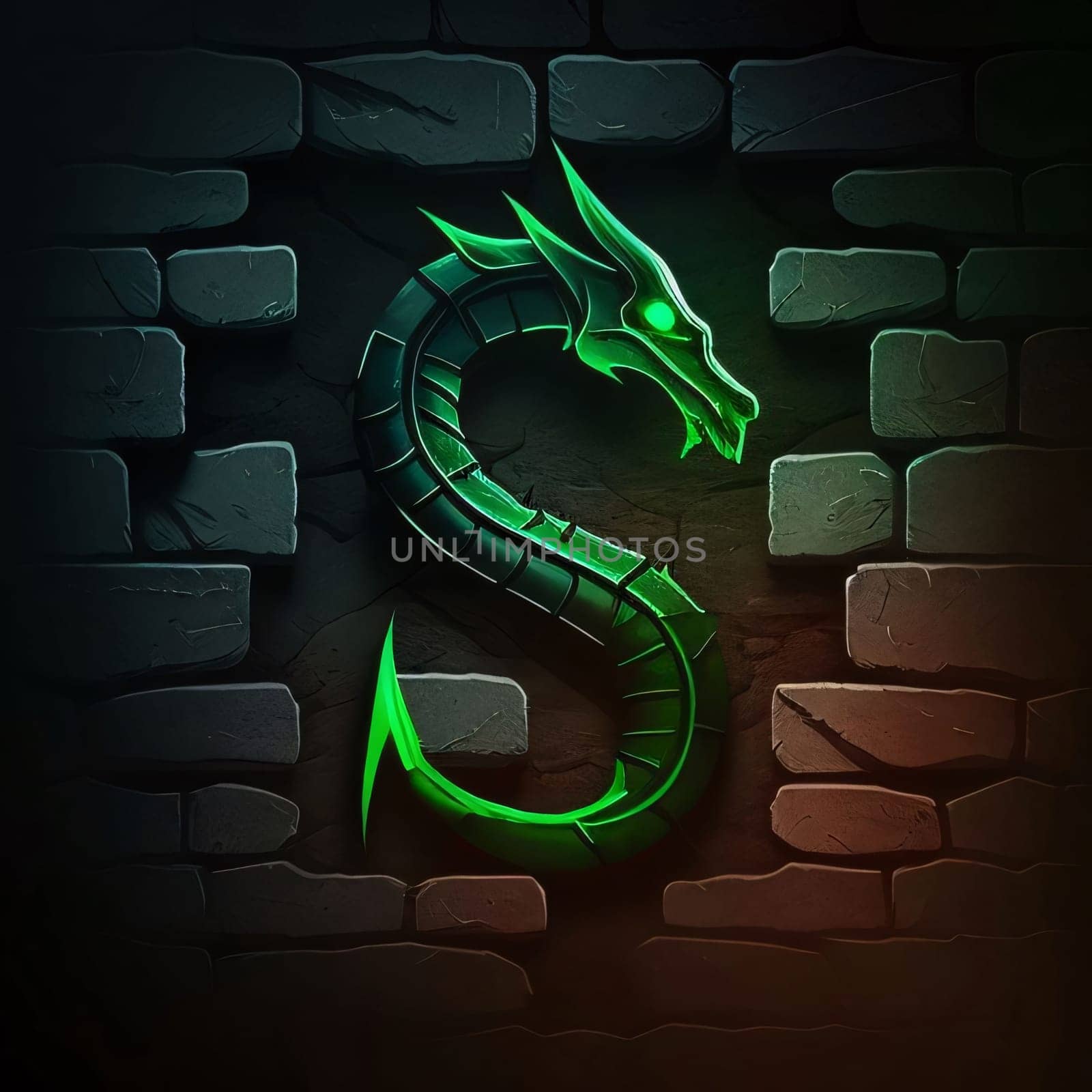Dragon zodiac sign on dark brick wall background, 3d render letter S by ThemesS