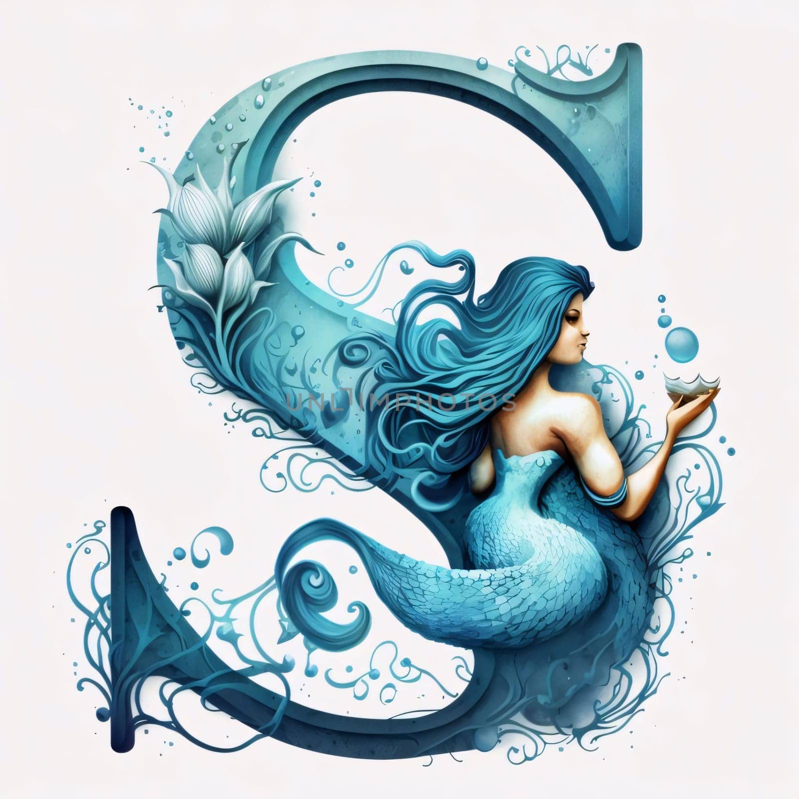 Graphic alphabet letters: Zodiac sign Aquarius with beautiful blue mermaid girl, vector illustration