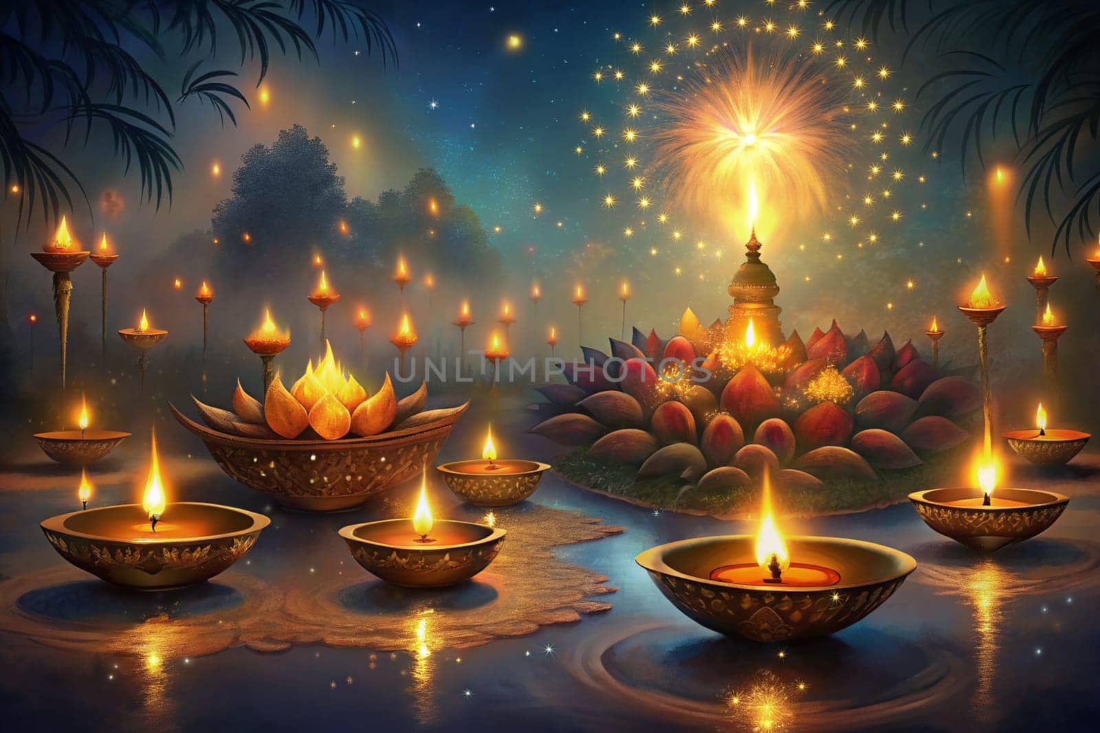 Happy Diwali Poster with Diya Lamps. Indian festival of lights Design. Ai generated by alenamoore