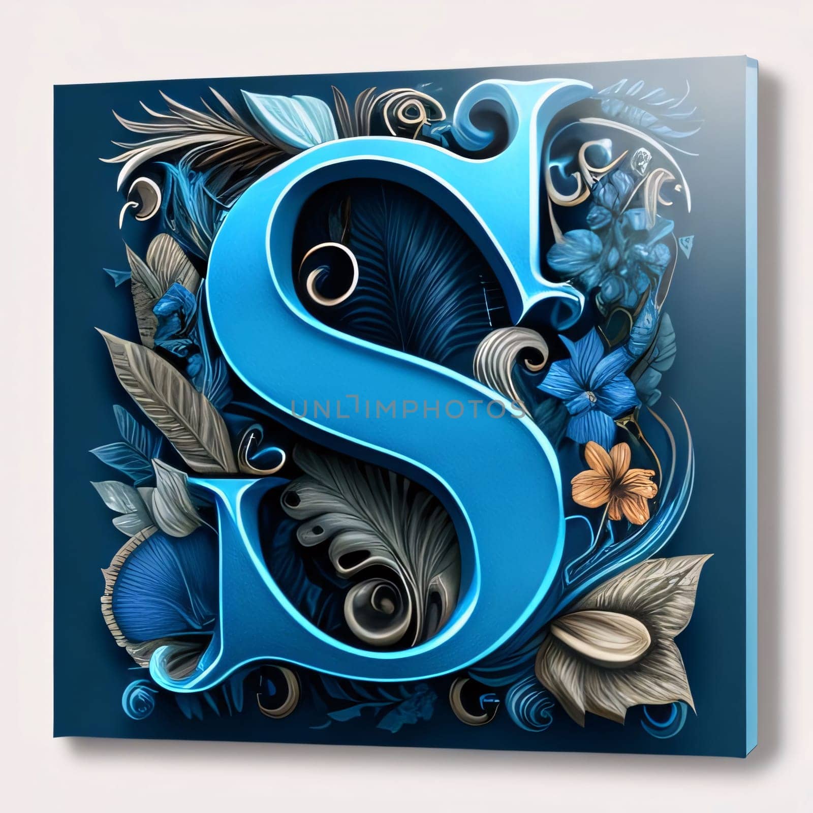 Blue letter S with floral ornament and leaves. 3D illustration. by ThemesS