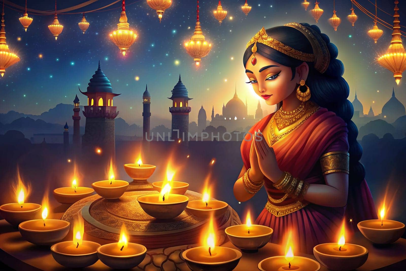 Happy Diwali illustration with a beautiful Indian woman and an oil lamps diya. Ai generated illustration