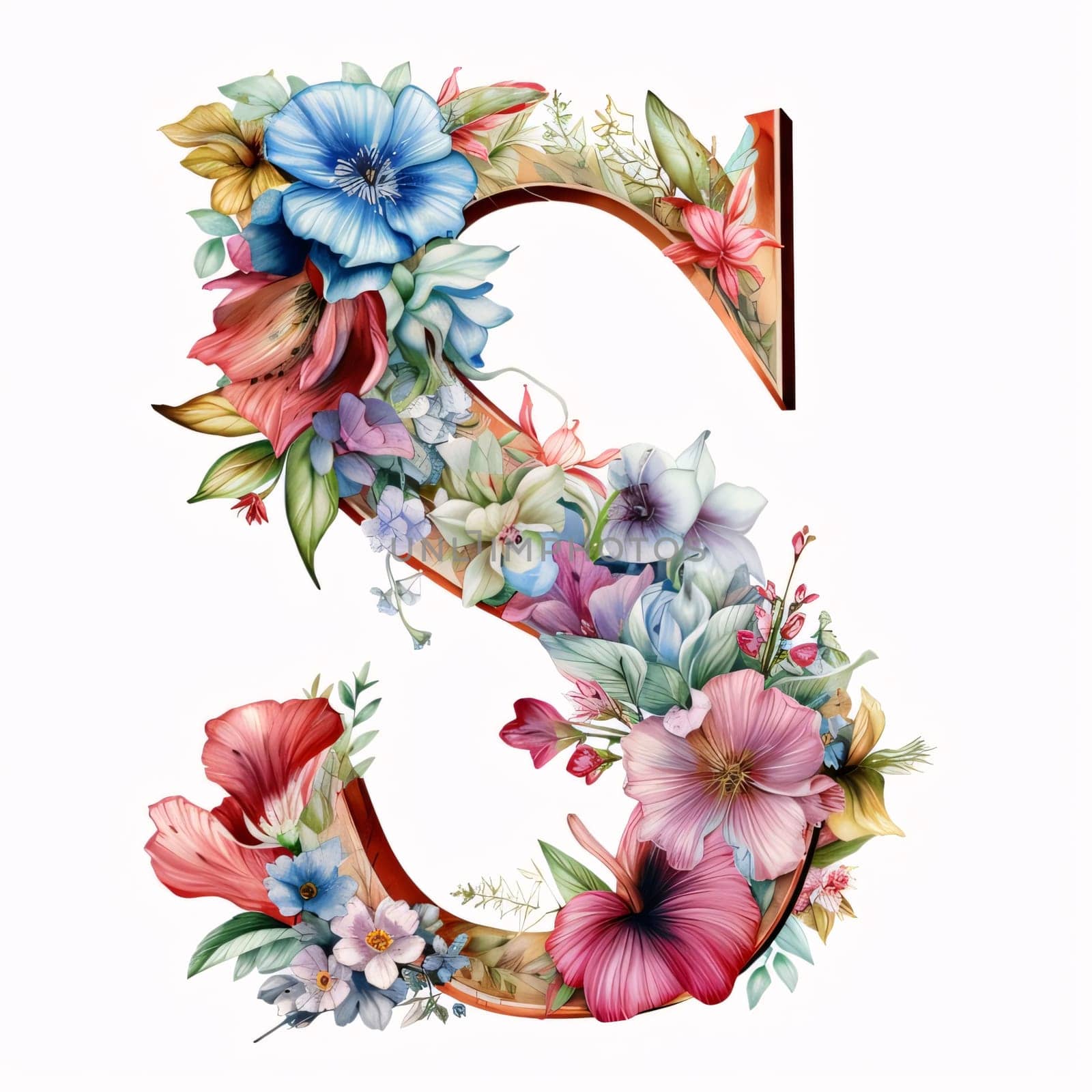 Graphic alphabet letters: Number three with watercolor flowers and leaves. Floral font.