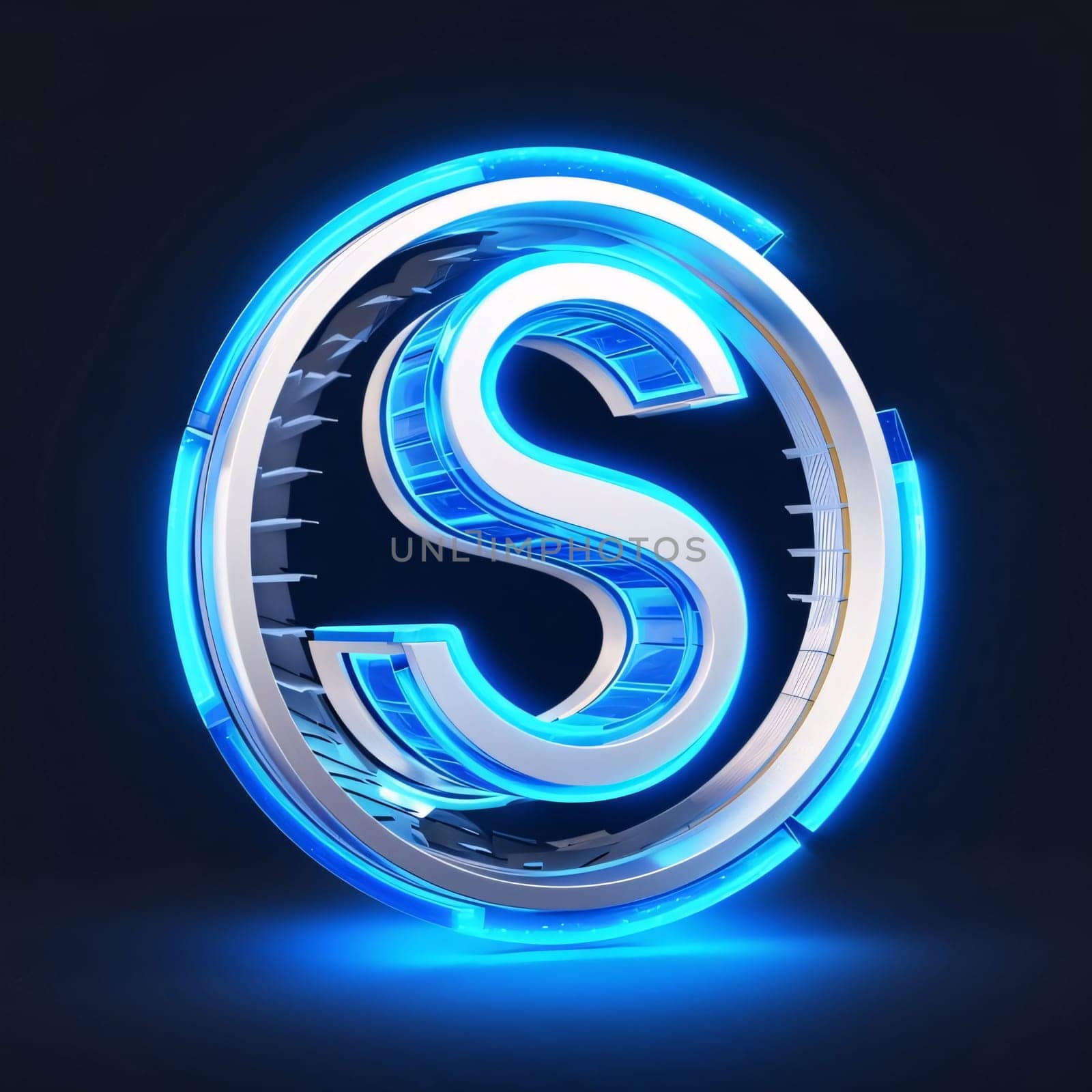 Glowing blue neon letter S on dark background. 3D rendering by ThemesS