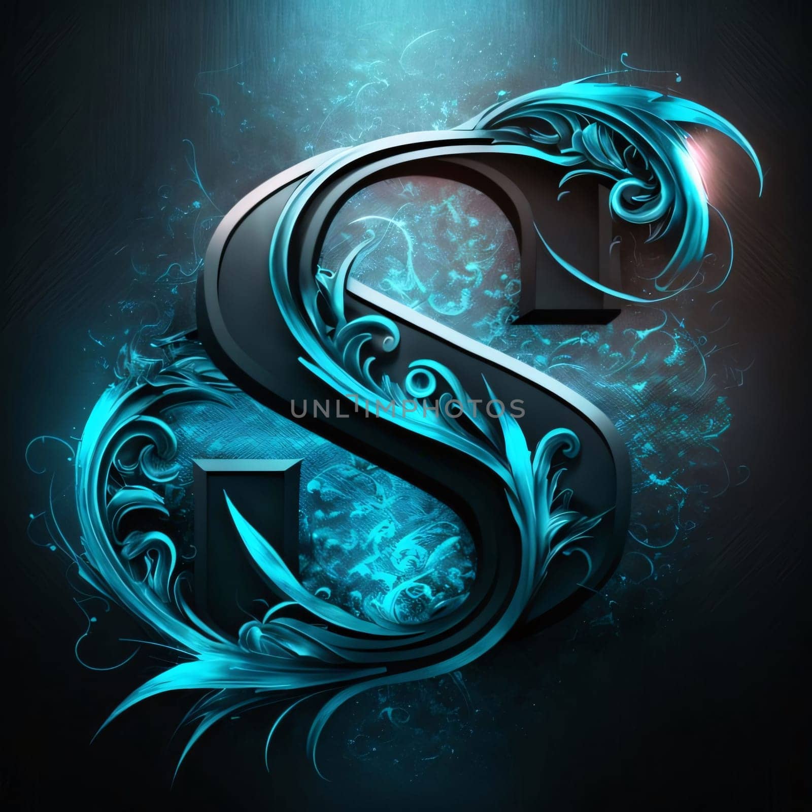 Graphic alphabet letters: Letter S in blue floral style on a dark background. Letter S