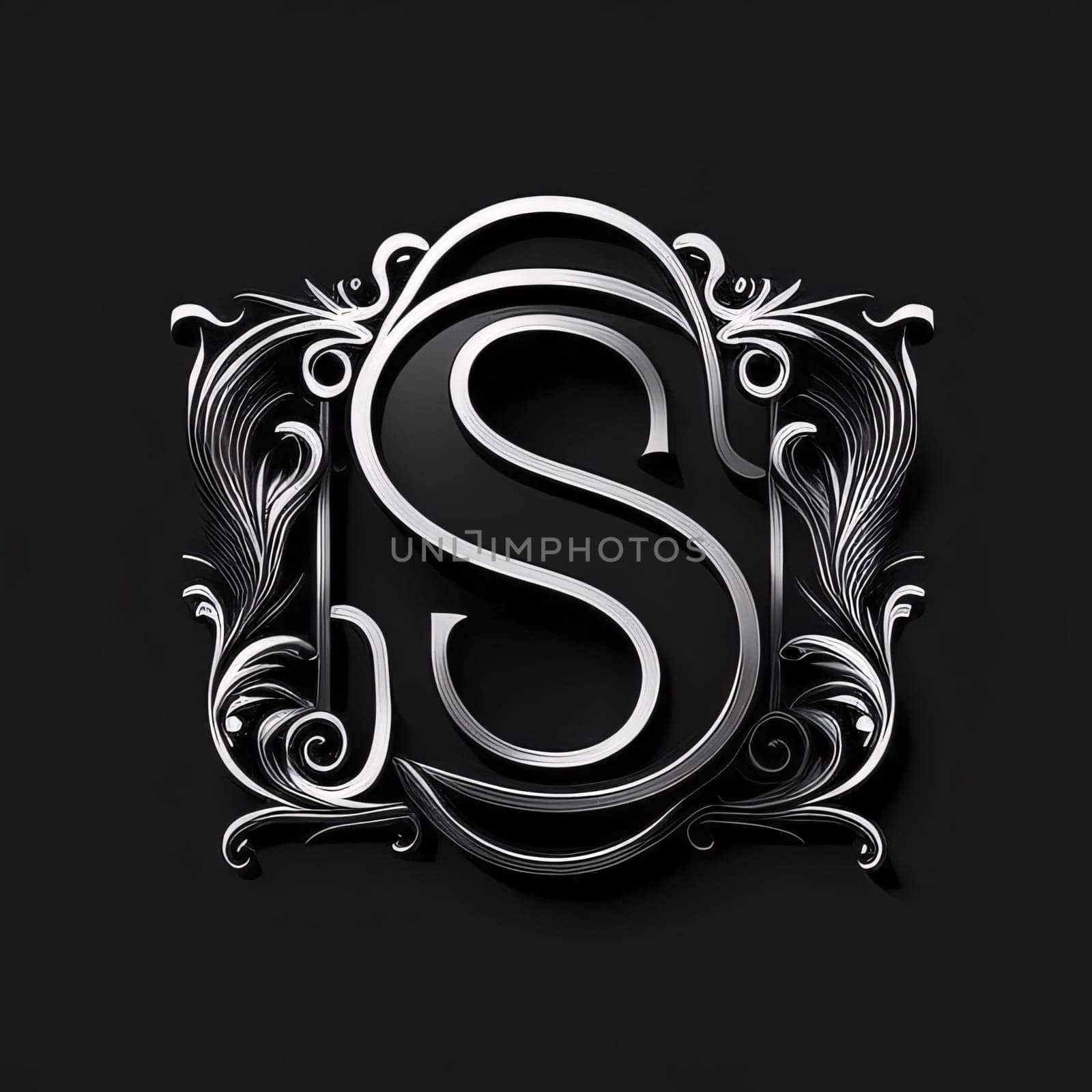 Silver letter S with floral ornament on a black background. 3d rendering by ThemesS