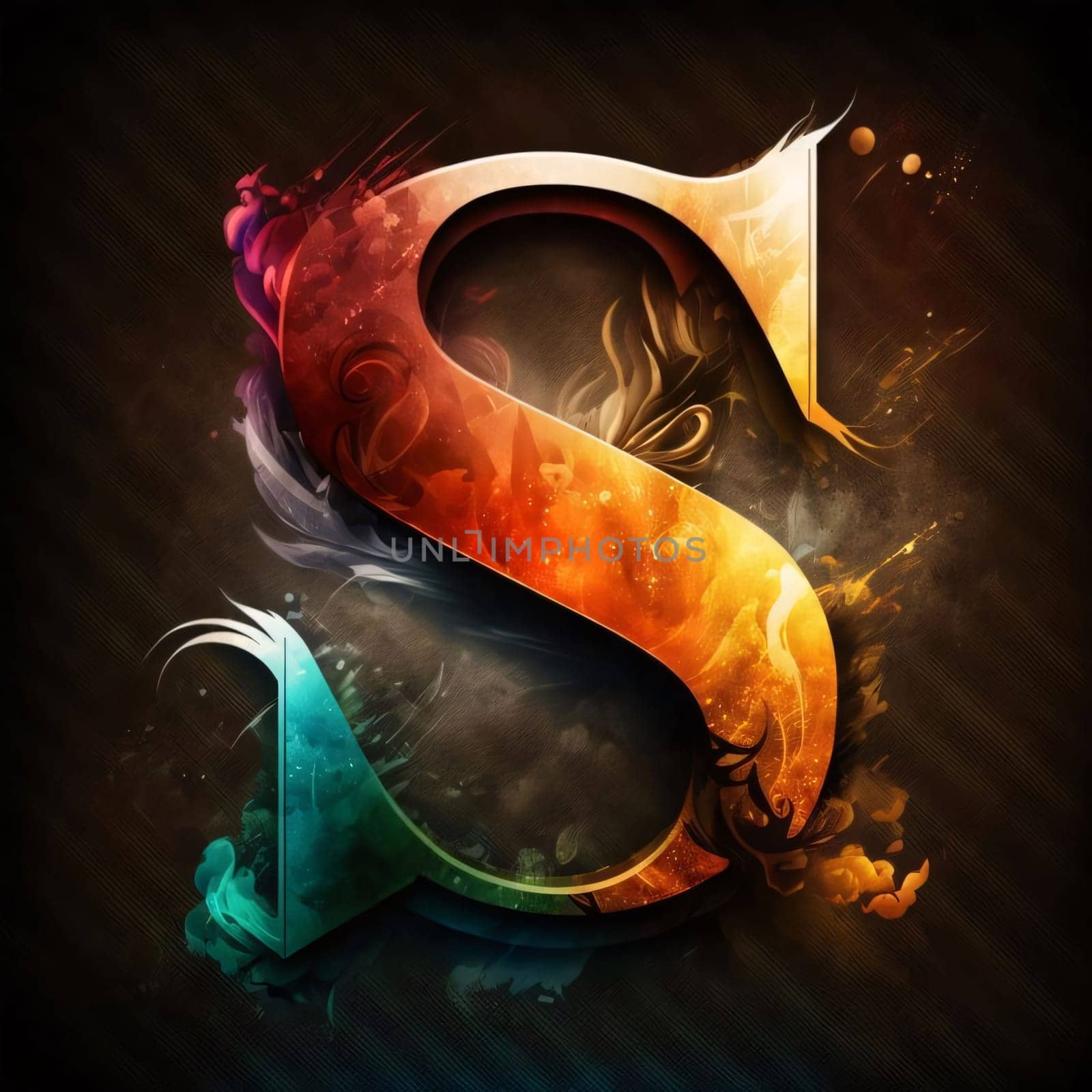 Graphic alphabet letters: Colorful letter S with fire and smoke on a black background.