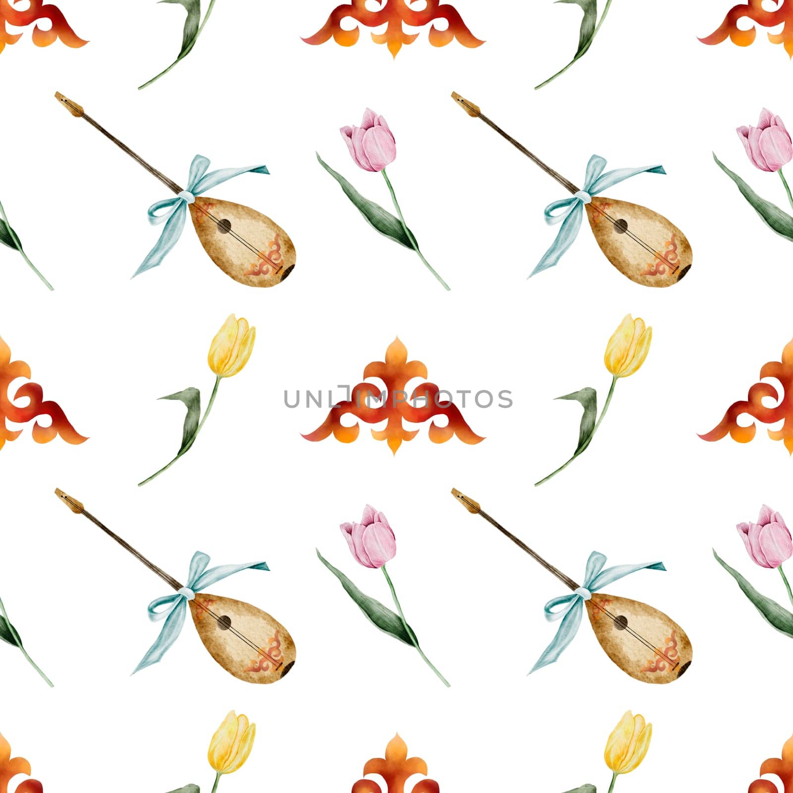 Kazakh watercolor pattern.Ornament with national symbols and dombra, with pink and yellow tulips. Spring hand drawing for the Nauryz holiday, for printing on textiles and wrapping paper in a traditional style