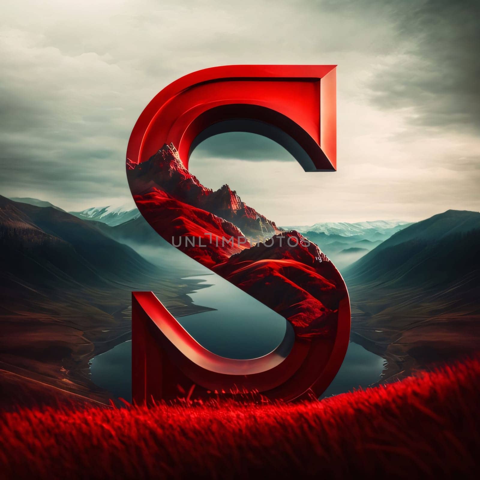 Red letter S on a background of mountains and lake. 3d rendering by ThemesS