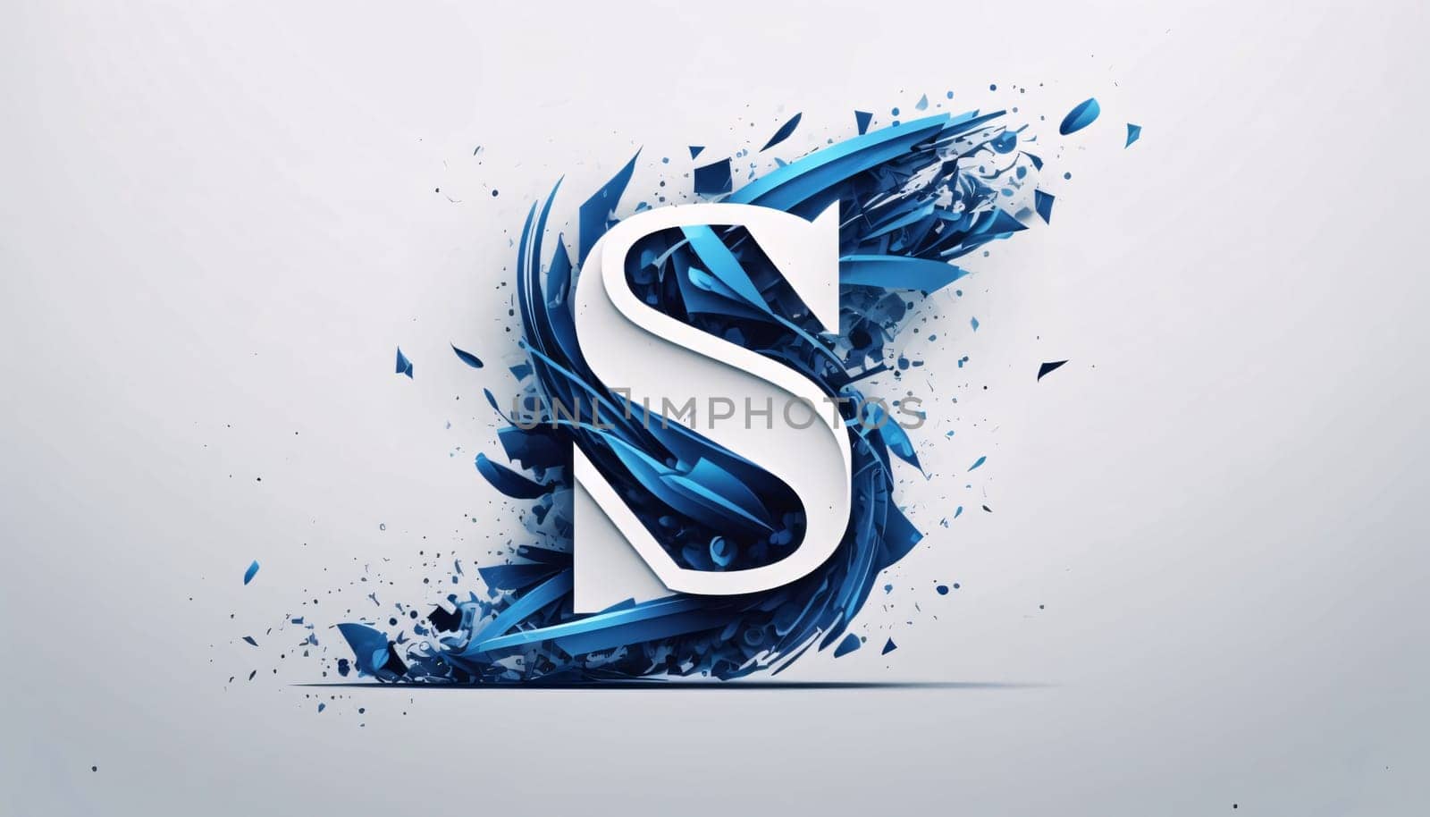 Letter S made of blue paint splashes on white background. 3D rendering by ThemesS