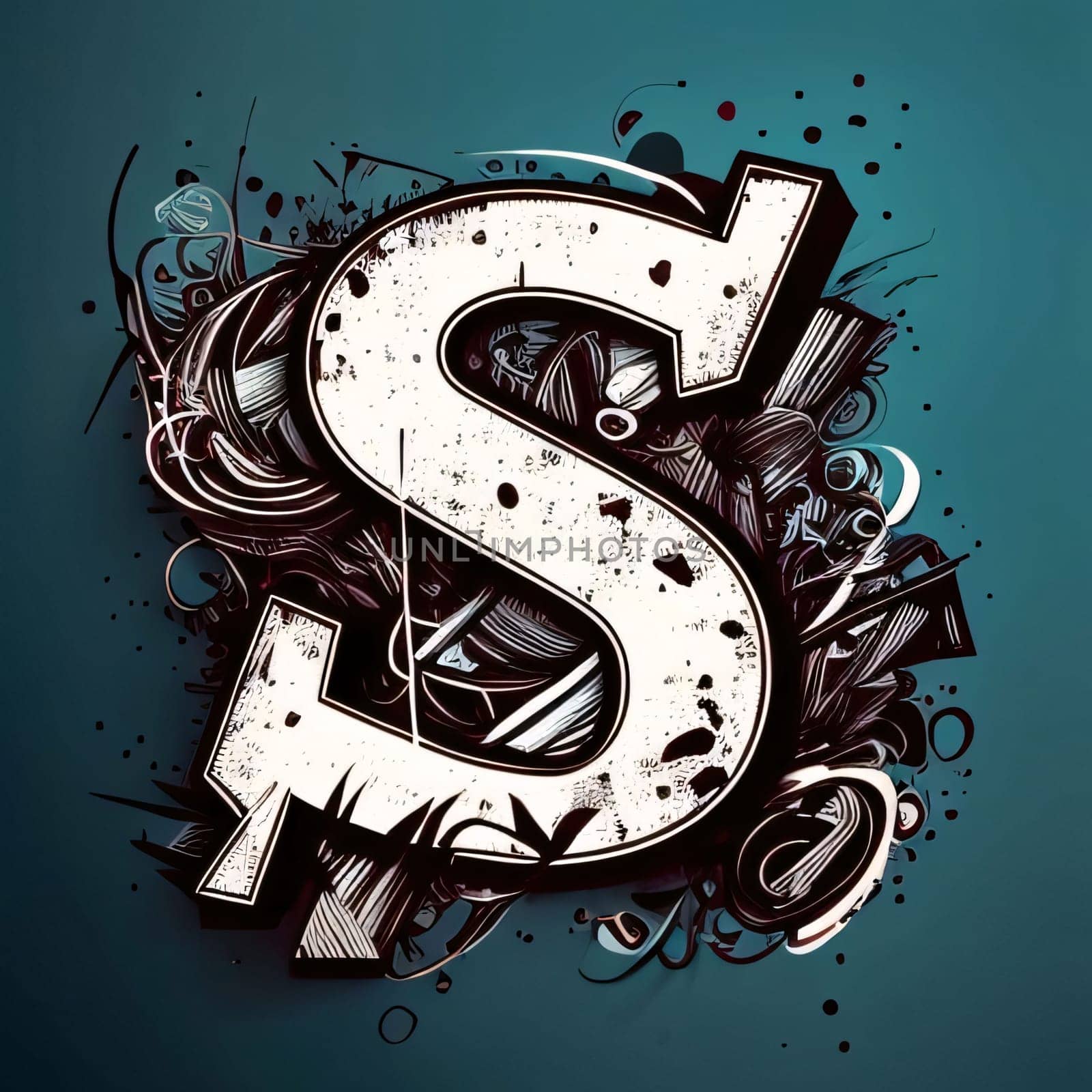 Graphic alphabet letters: Dollar sign illustration in graffiti style with urban elements. Ideal for printing onto fabric and paper or decoration.