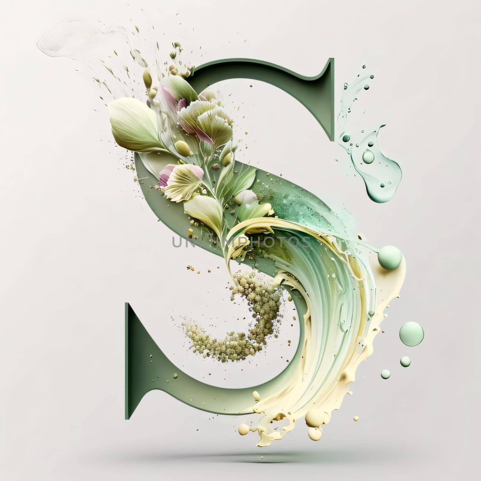 Graphic alphabet letters: Alphabet letter S with watercolor splash and flowers. 3D rendering