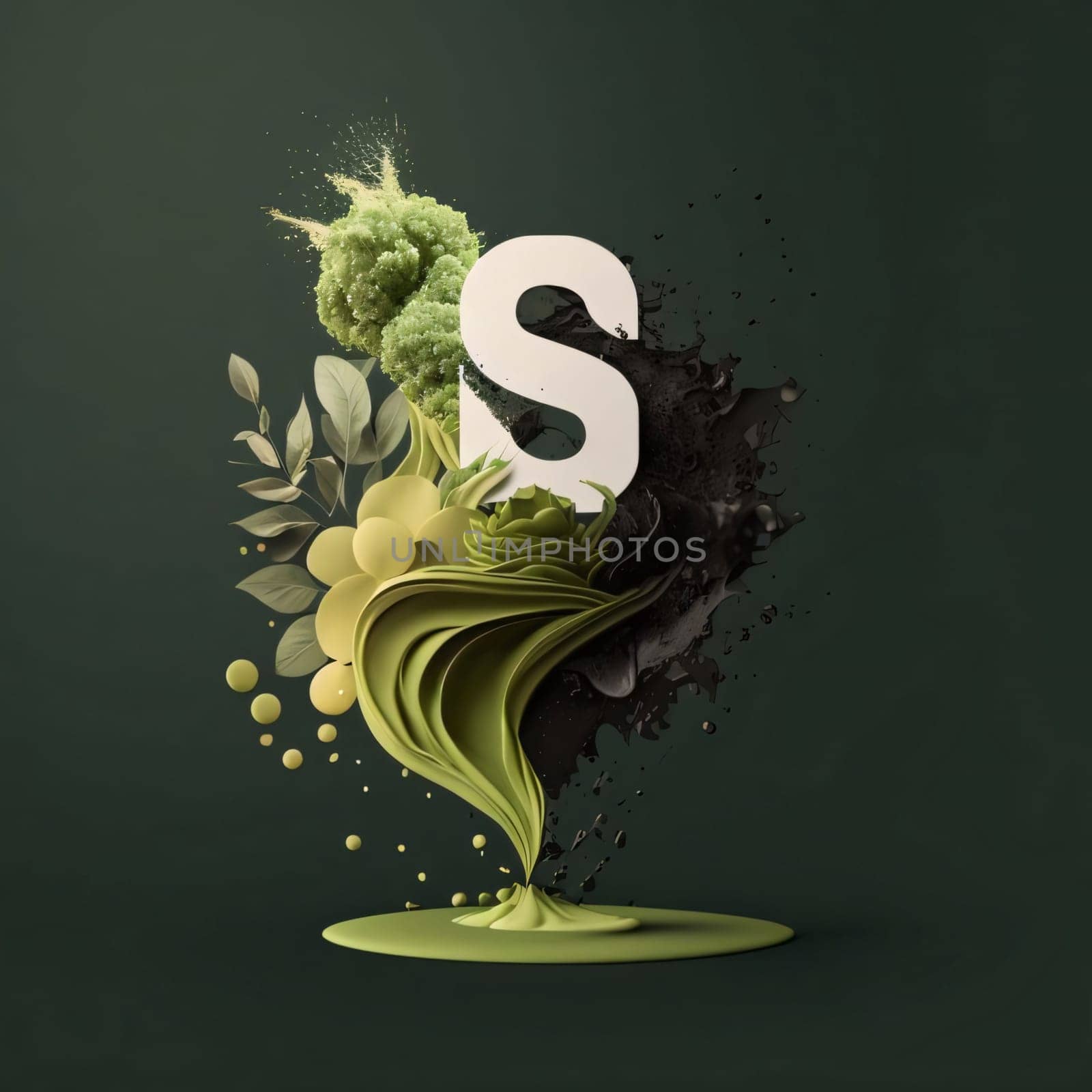 Graphic alphabet letters: Letter S made of green and black splashes with flowers and leaves