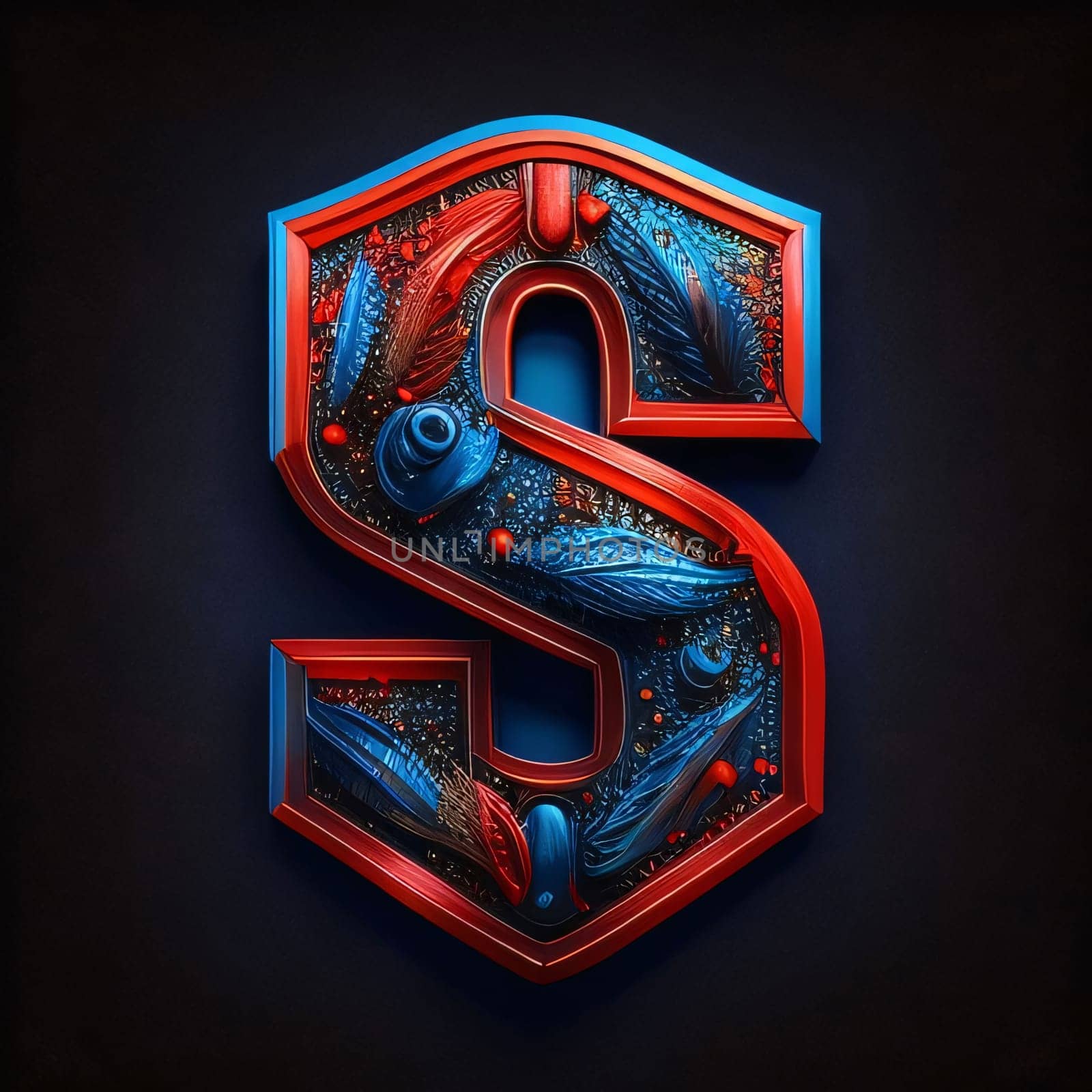 Graphic alphabet letters: Symbol S with abstract pattern in red and blue colors. 3D rendering