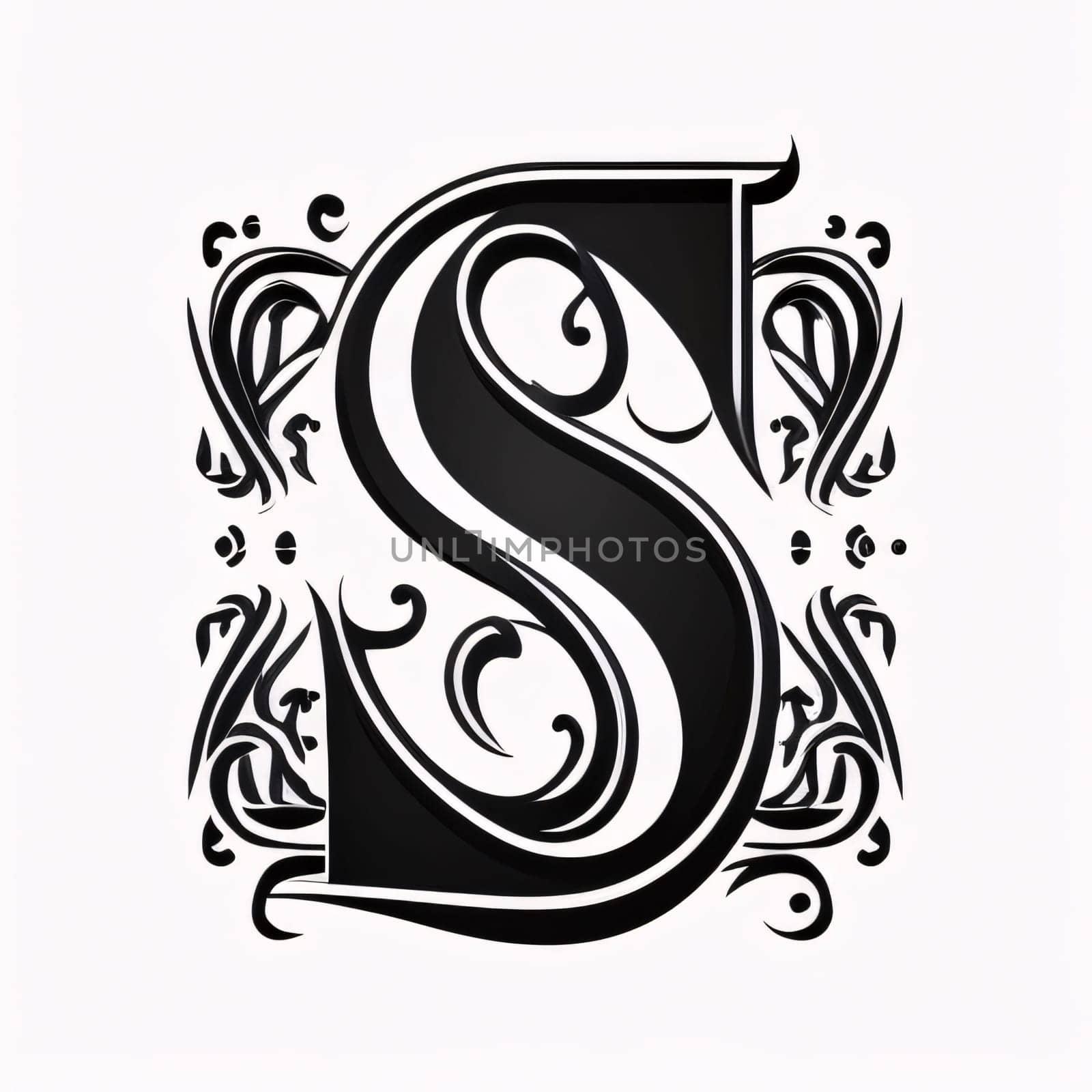 Graphic alphabet letters: Vintage Capital letter S with floral ornament in black and white.