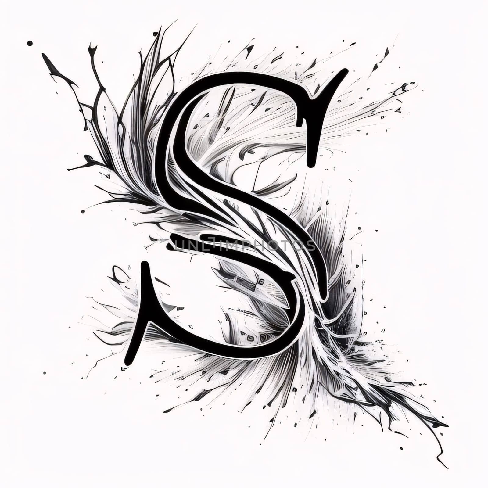 Graphic alphabet letters: Letter S of the alphabet. Hand drawn font with paint splashes.
