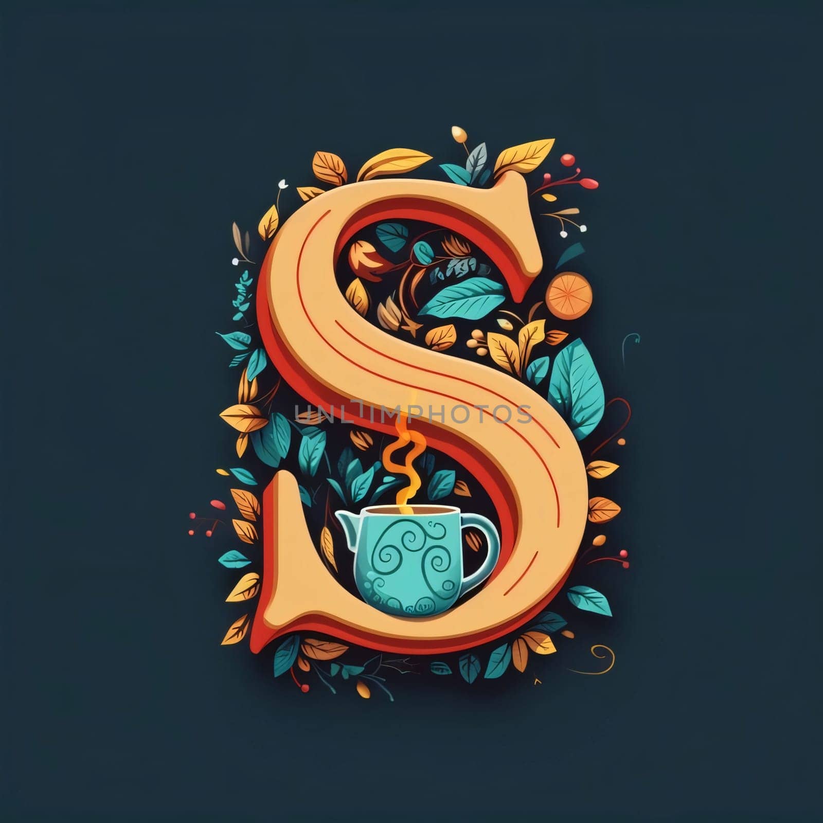 Graphic alphabet letters: Alphabet letter S with cup of coffee and autumn leaves. Vector illustration.