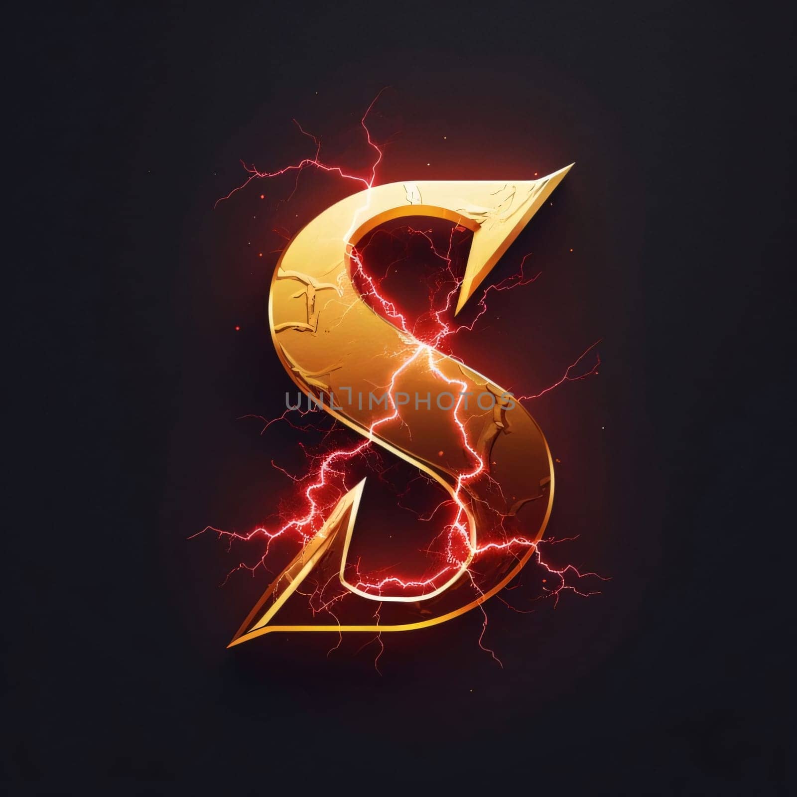 Graphic alphabet letters: Golden letter S with lightning effect on dark background. Vector illustration.