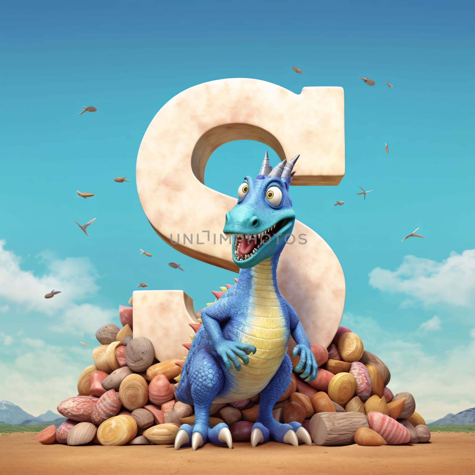 Graphic alphabet letters: Cute cartoon dinosaur in the form of the letter S. 3D illustration.
