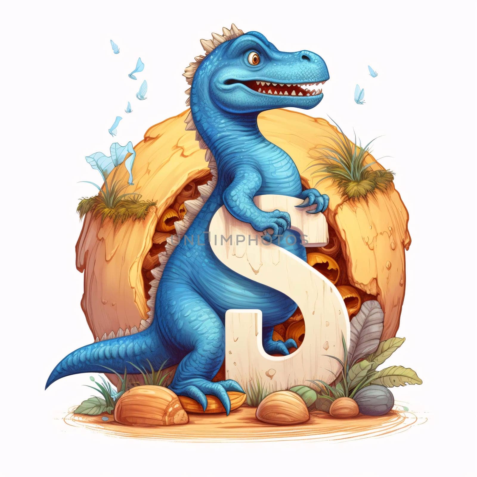 Graphic alphabet letters: Cartoon dinosaur with letter S in the desert. Vector illustration.