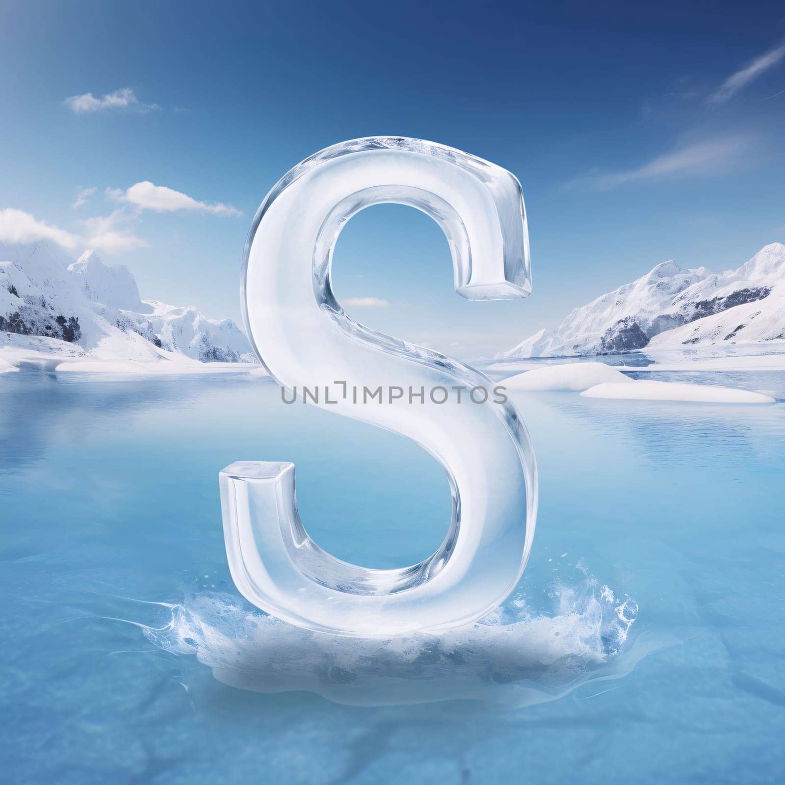 Graphic alphabet letters: Ice letter S on a frozen lake in winter, 3d render