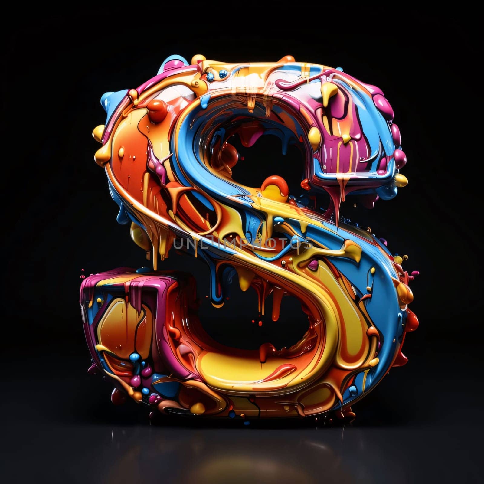 Graphic alphabet letters: Fluid alphabet letter S uppercase. Colorful liquid font on black background. 3d rendering