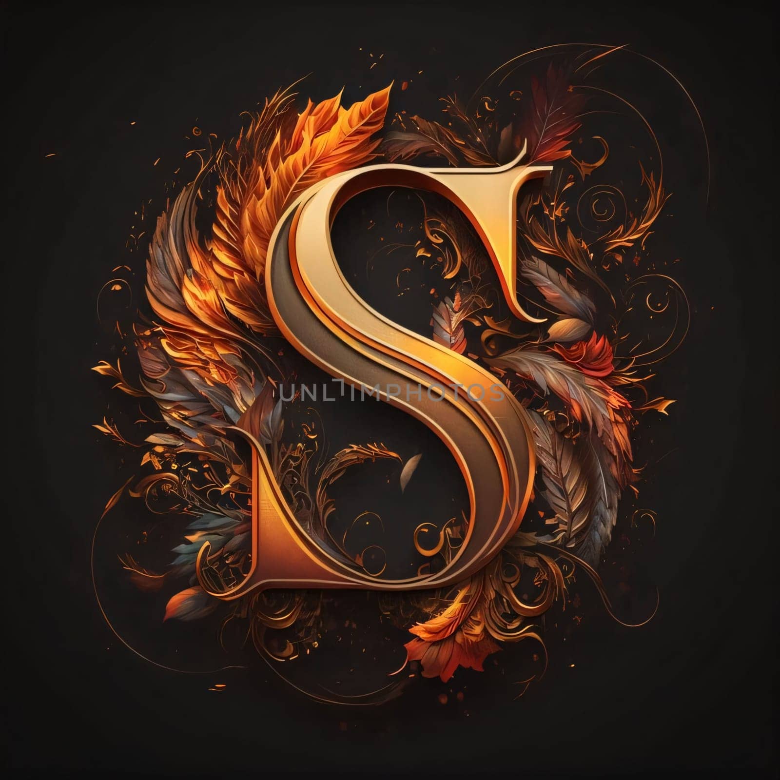 Graphic alphabet letters: Illustration of letter S with golden laurel wreath on black background