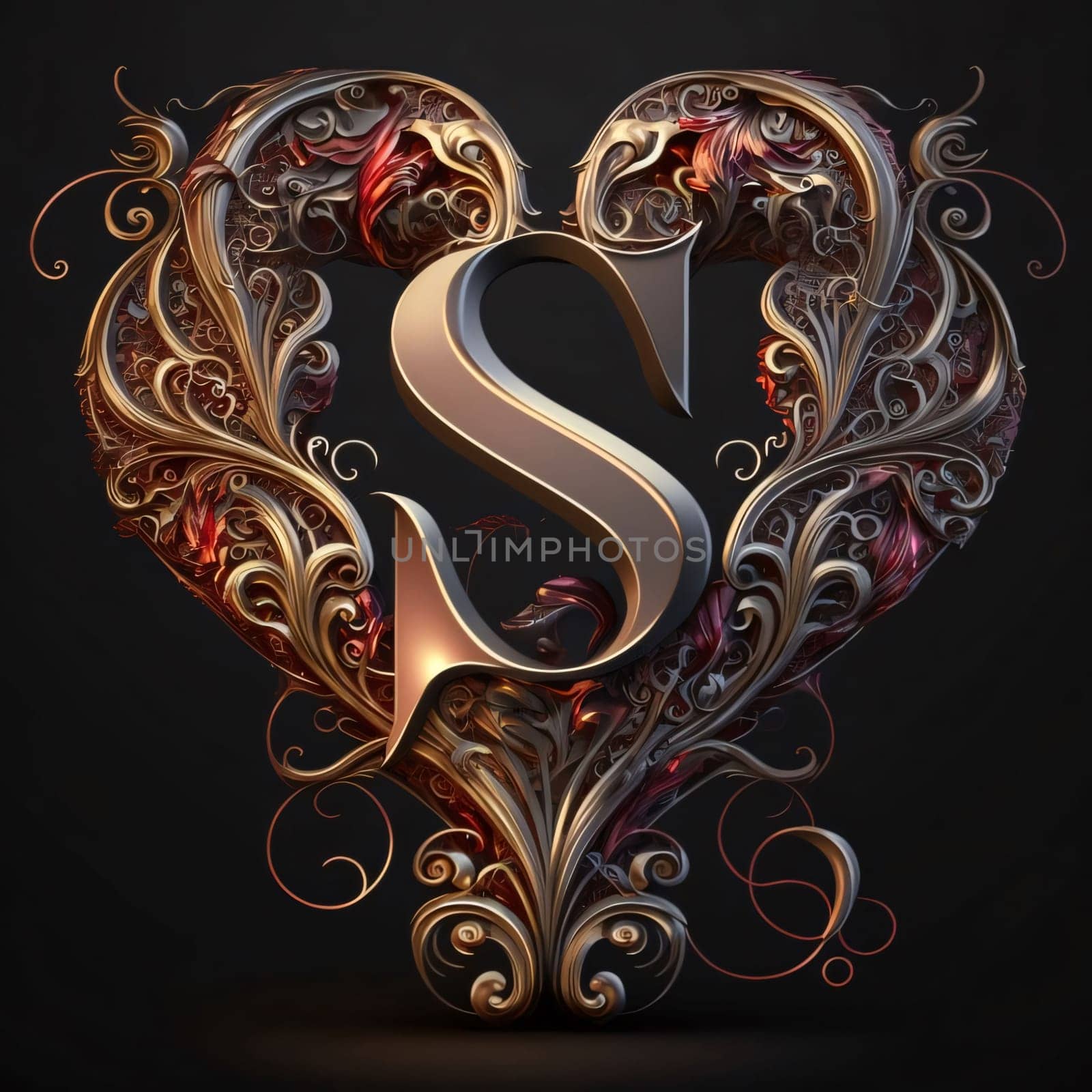 Graphic alphabet letters: 3D illustration, 3D rendering, letter S in the form of a heart with ornament
